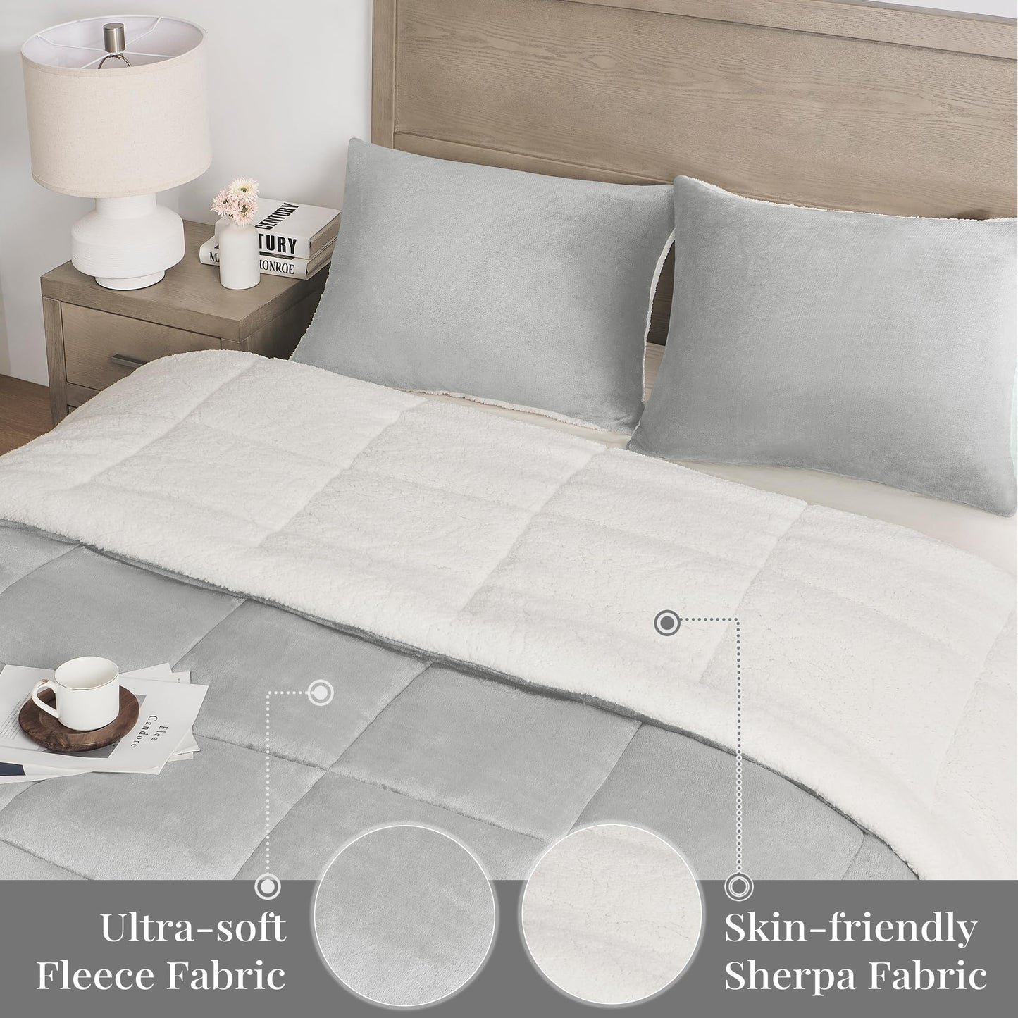 Basic Beyond King Size Comforter Set - Thick Fleece Sherpa Comforter Set for Winter, Soft and Fuzzy Bedding, Grey, 104"x88"