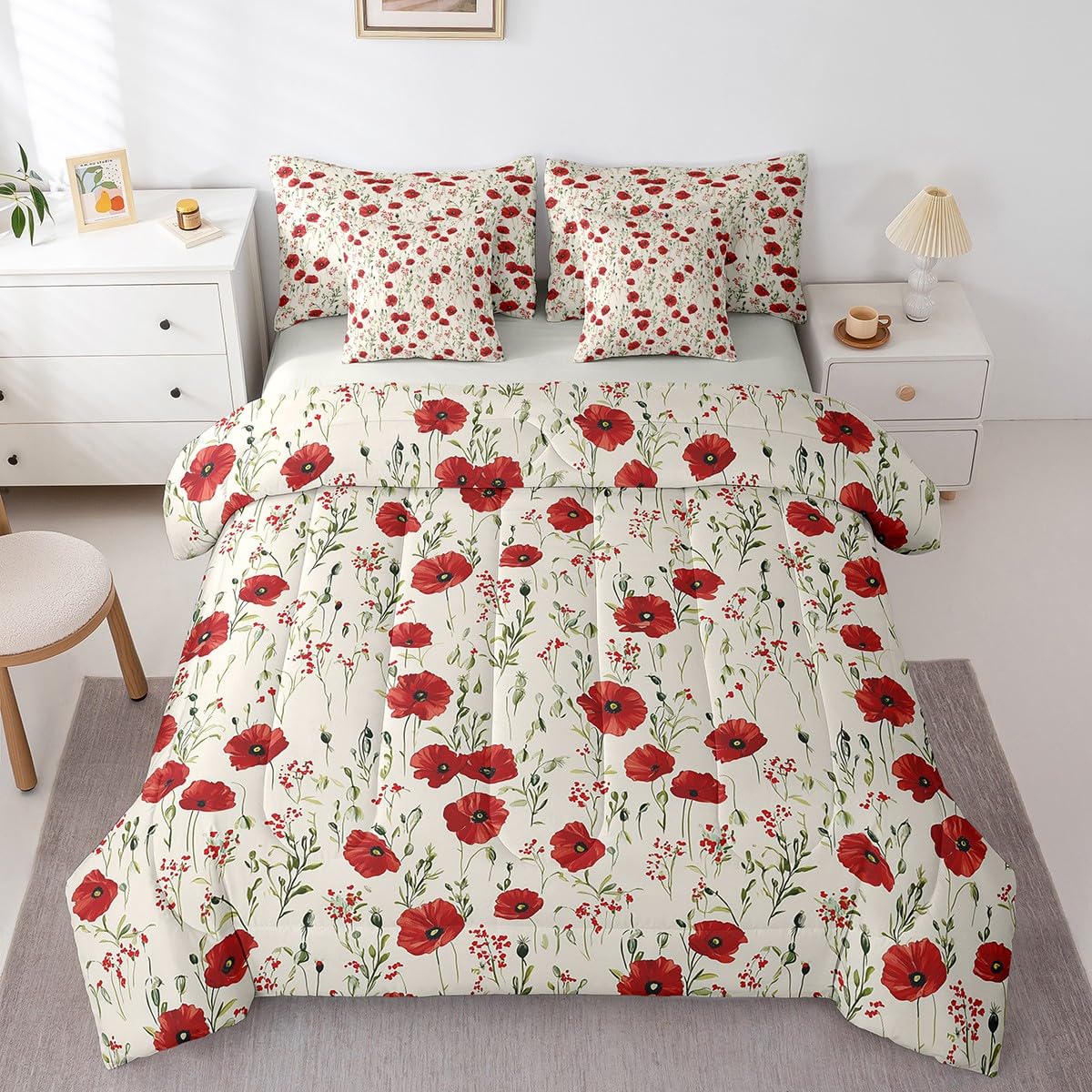 Retro Floral Boho Bed Set Twin Size 70S Hippie Flowers Bohemian 7 Pieces Bedding Set for Kids Boys Girls Psychedelic Floral Bed in a Bag with Comforter, Sheets, Pillowcases Breathable Bedroom