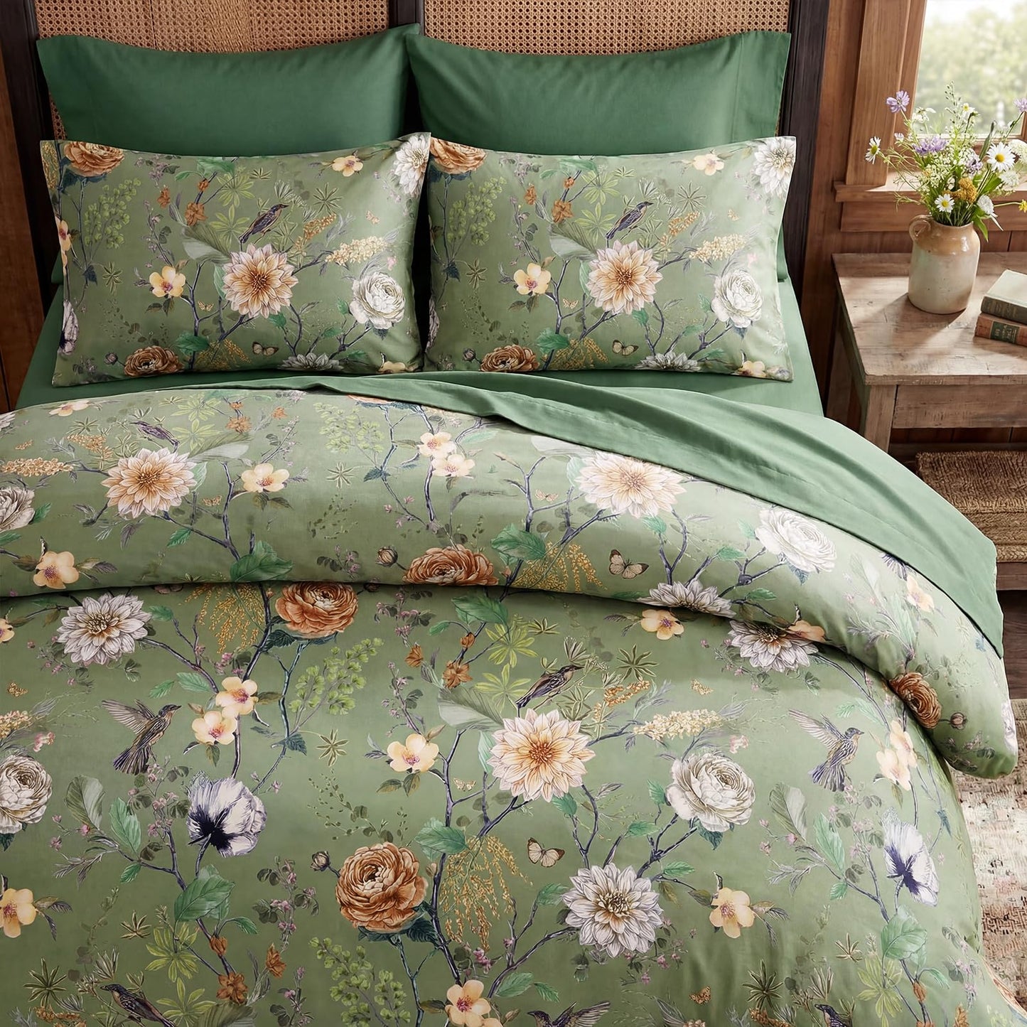 Bedorm 100% Cotton Floral Duvet Cover Queen Size - Green Floral Flower Print 3 Piece Bedding Set with Zipper Closure, Soft and Breathable, Includes 1 Duvet Cover and 2 Pillowcases