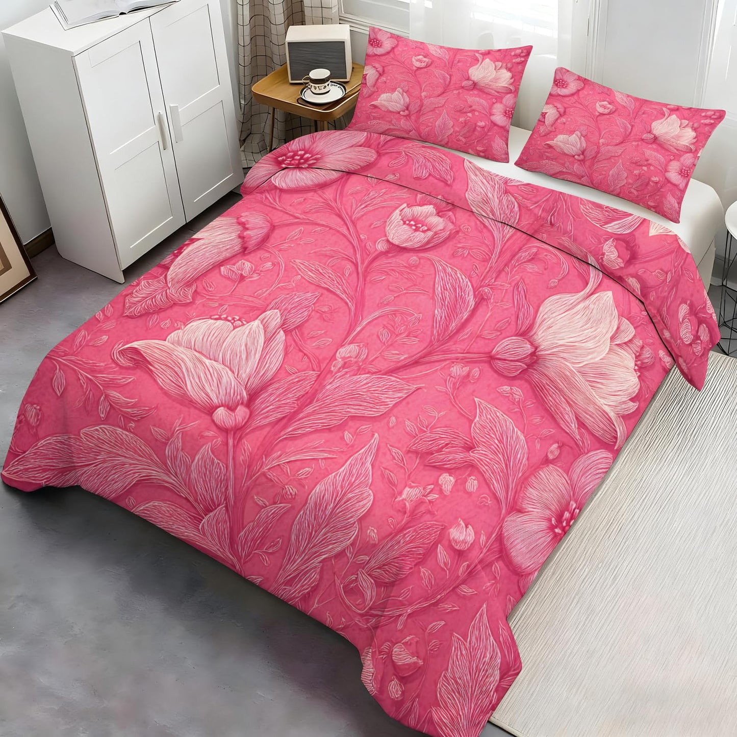 ZAMODE Floral Duvet Cover 120" x 98", Pink Flower Bedding Set, Pink Comforter Cover with Zipper Ties