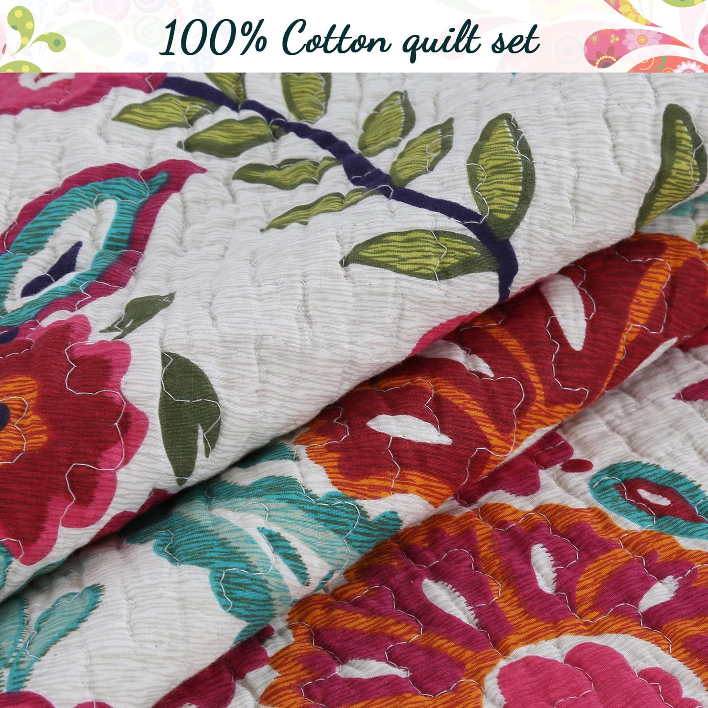 Cozy Line Home Fashions Pink Red Floral 100% Cotton Reversible Quilt Bedding Set, Coverlet Bedspread (Fuchsia Flowers, Queen - 3 Piece)