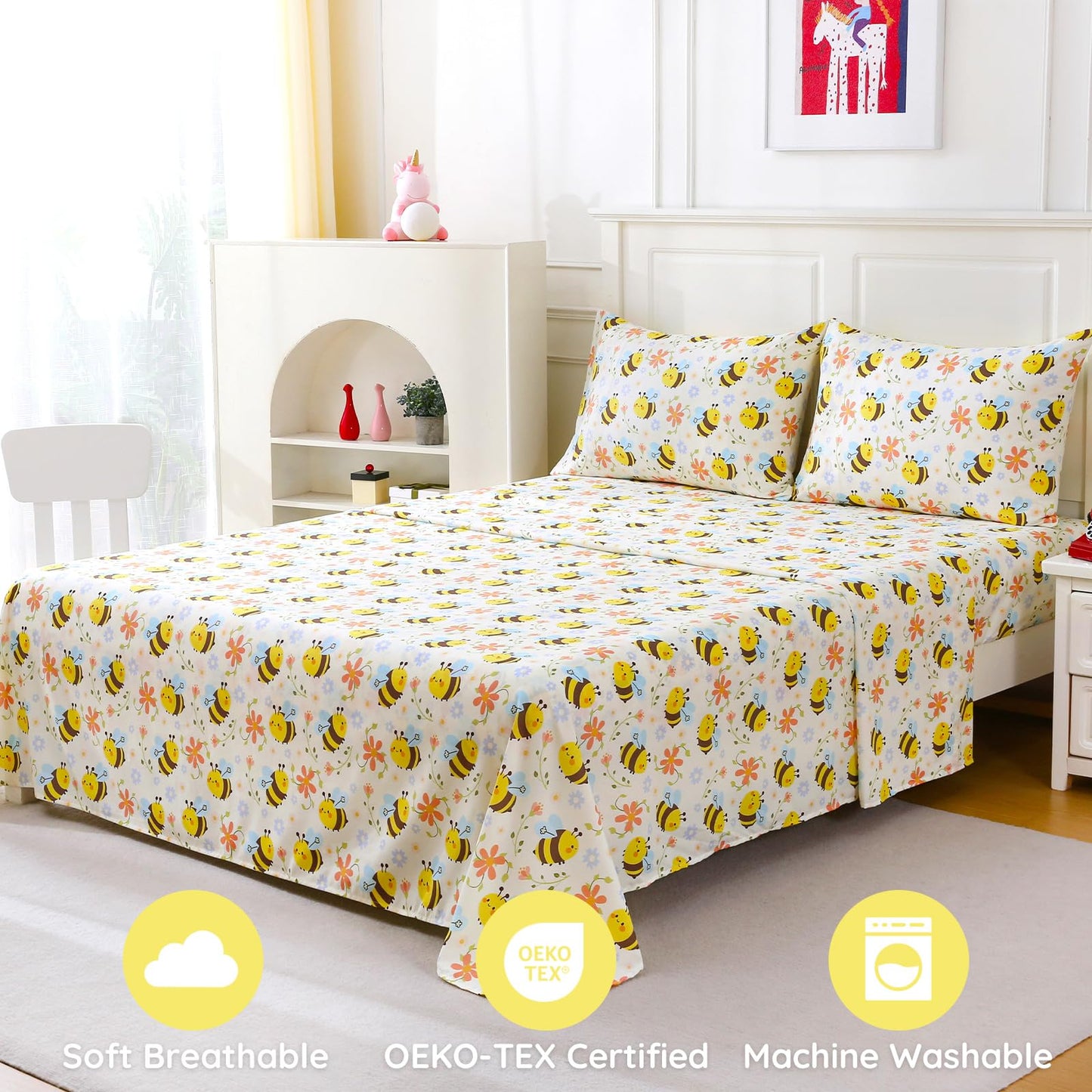MCO Yellow Bee Twin Sheets Set Kids, Soft Microfiber Bed Sheet Set for Boy Girls, 3 Pieces Breathable Twin Sheets