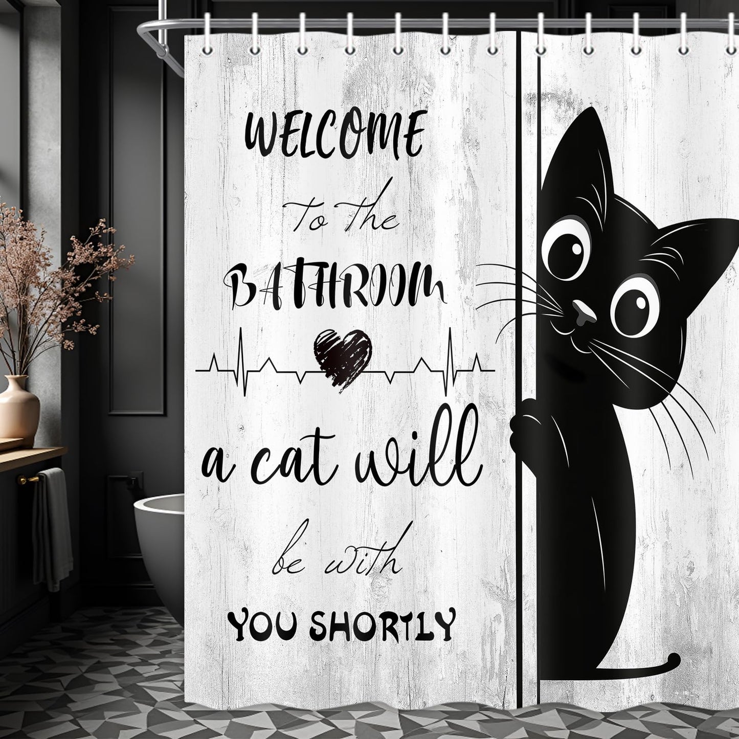 JAWO Funny Black Cat Shower Curtain, Welcome to The Bathroom Rustic Farmhouse Fabric Shower Curtain Set with Hooks, Cute Kitten Animal Waterproof Bath Curtain for Bathroom Decor,12pcs Hooks,69X70 in