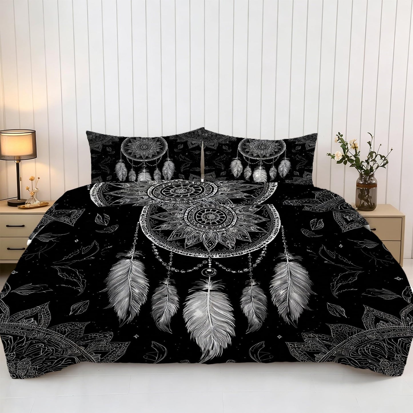 Dream Catcher Comforter Set Twin Size, Bohemia Mandala Bedding Soft Lightweight, Black White Boho Bed Set 2 Pieces, All Season Comforter with 1 Pillowcase for Bedroom Decor, Mb344
