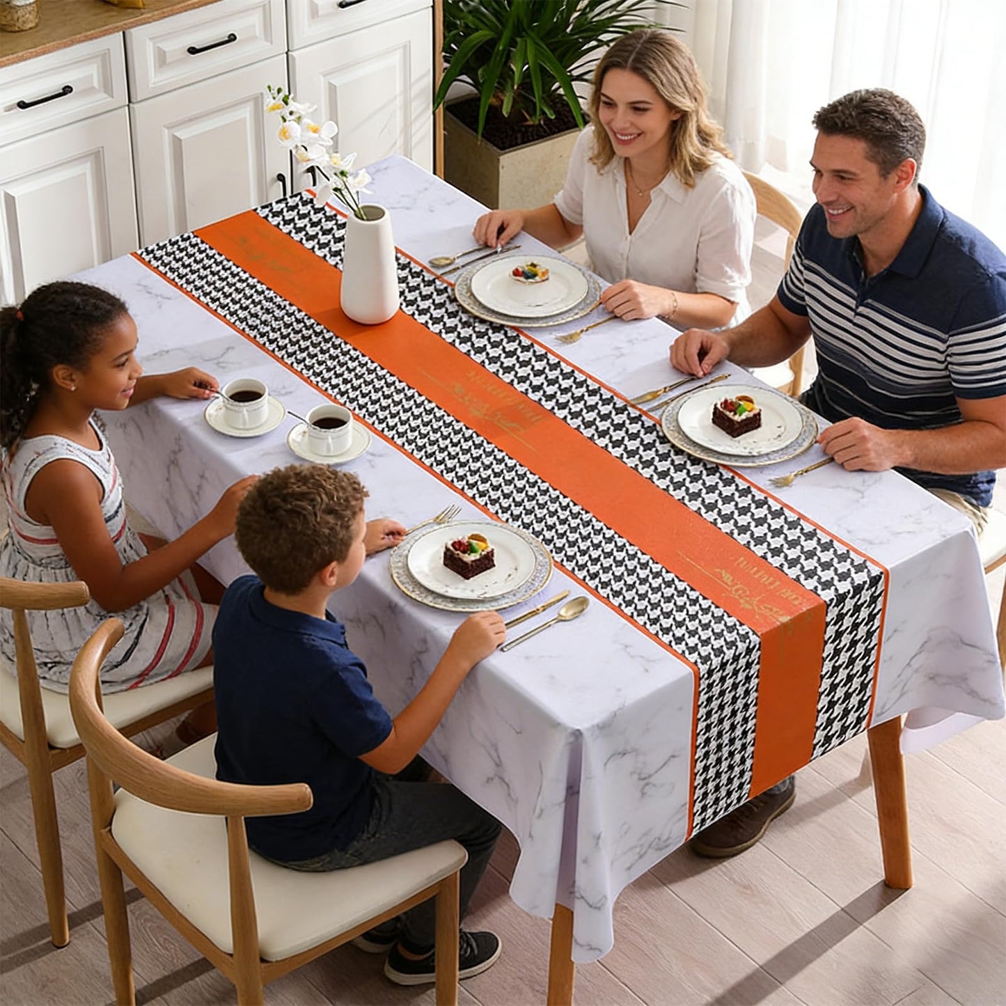 Qvthpv 55"x70" Rectangular PVC Tablecloth, Waterproof Oilproof Heatproof Kitchen Table Cover, Wipeable Stain Resistant Everyday Dining Table Cloth for Holidays Parties Camping (Marble Orange)