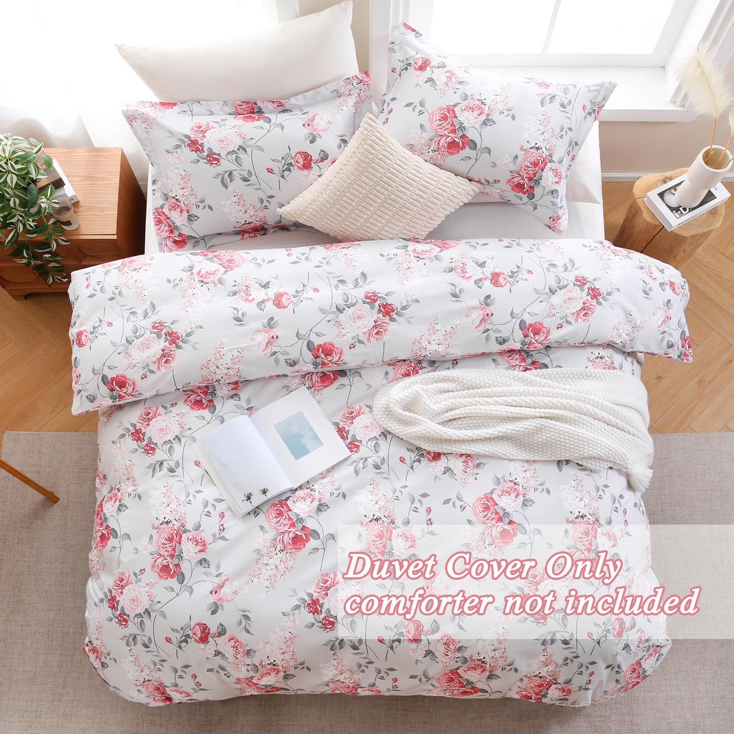 Ocharo Pink Floral Duvet Cover Set King Size 100% Cotton,Reversible Romantic Garden Rose Print Bedding Set for Girls Women,Soft 3 Pieces Cute Chic Style Comforter Cover with 2 Pillow Sham(20"x26")