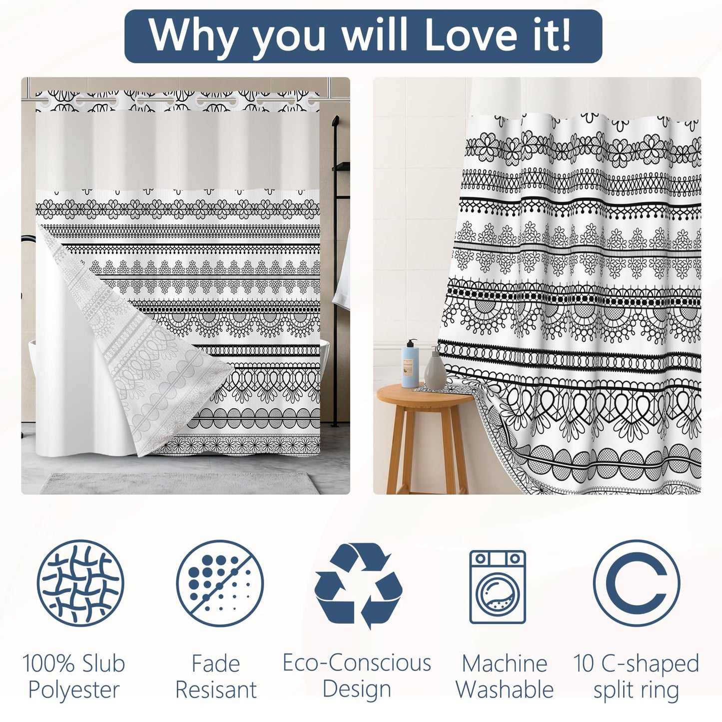 NAEMBCU No Hook Waffle Shower Curtain Snap in Liner 71x74 Inch