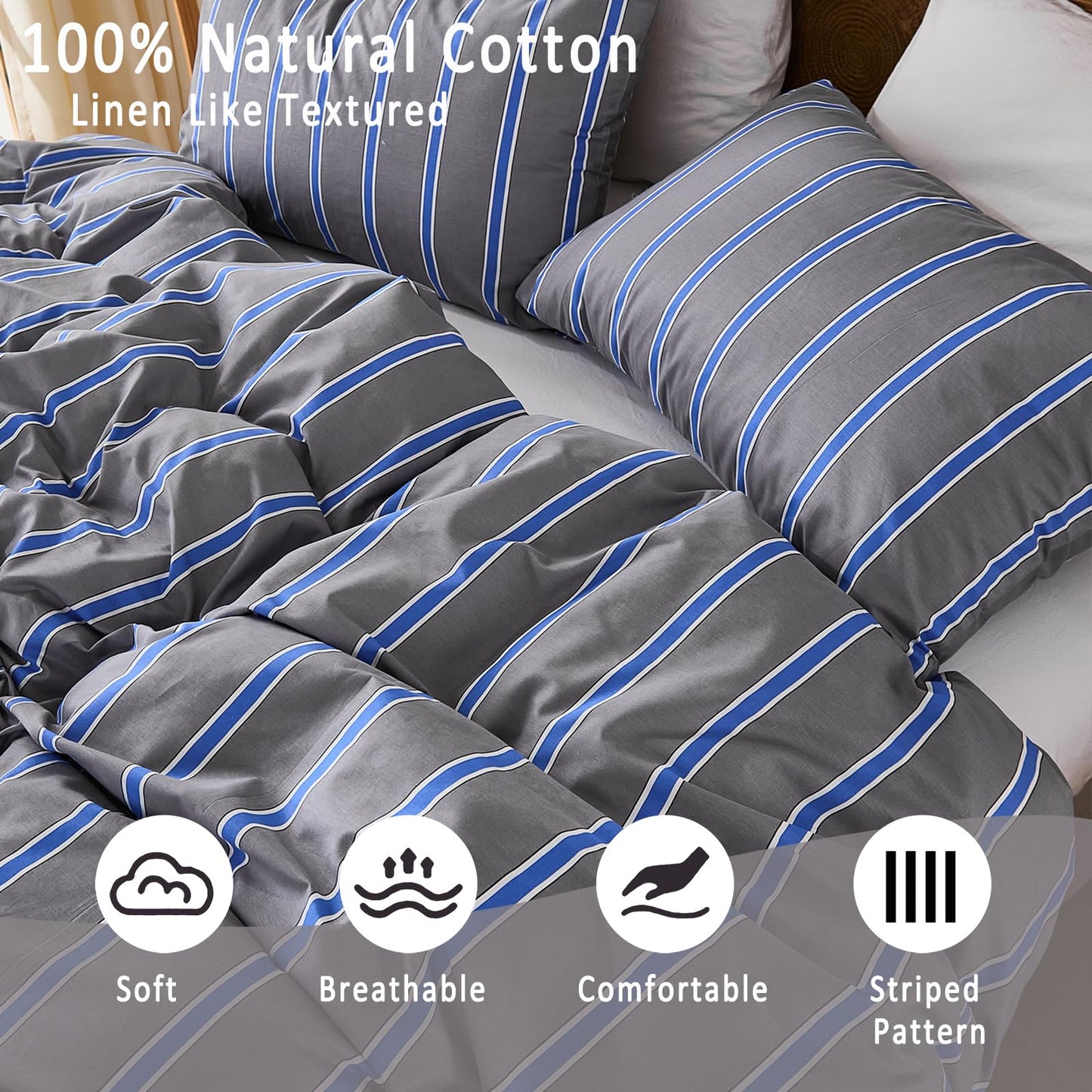 Merryword 100% Cotton Comforter Set King Size - Blue and Gray Striped Comforter with 2 Pillowcases, Luxury & Silky Soft Comforter Set for All Seasons