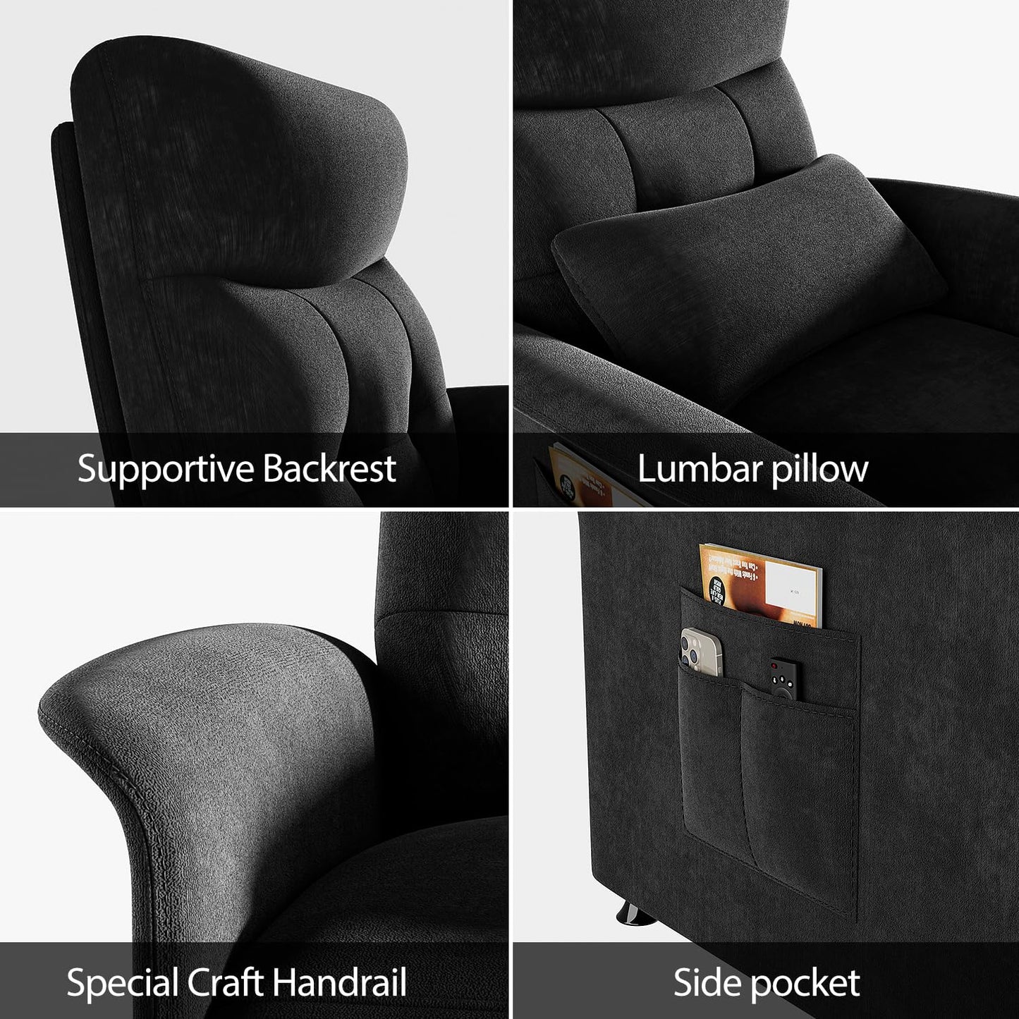LegacyAmerhome Power Recliner Chair for Adults with Heat & Massage - Soft Fabric Electric Reclining Sofa with Remote Control, 3 Side Pockets, 180° Lay Sleeper for Home Theater Living Room, Black