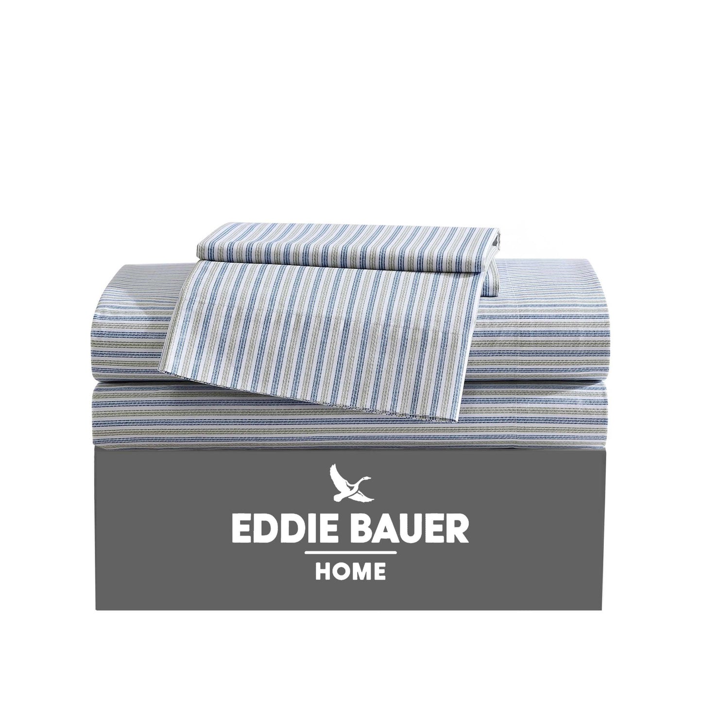 Eddie Bauer - Twin Sheet Set with Fitted Sheet & Pillowcase, 100% Cotton Percale Bedding, Crisp & Cool, Dorm Room Essentials, Ticking Stripe Navy/Green