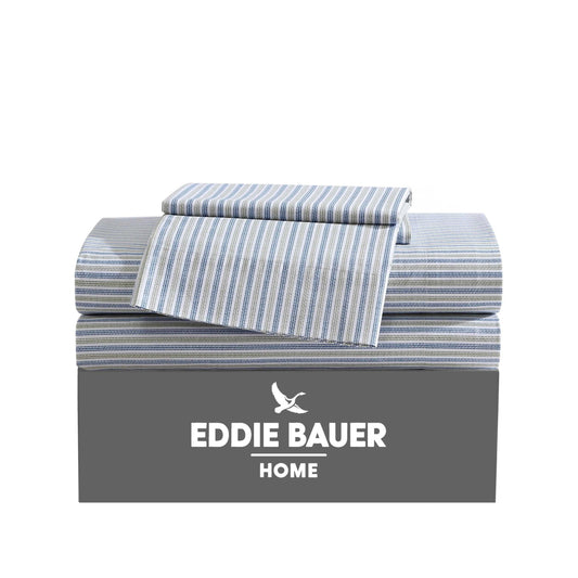 Eddie Bauer - Twin Sheet Set with Fitted Sheet & Pillowcase, 100% Cotton Percale Bedding, Crisp & Cool, Dorm Room Essentials, Ticking Stripe Navy/Green