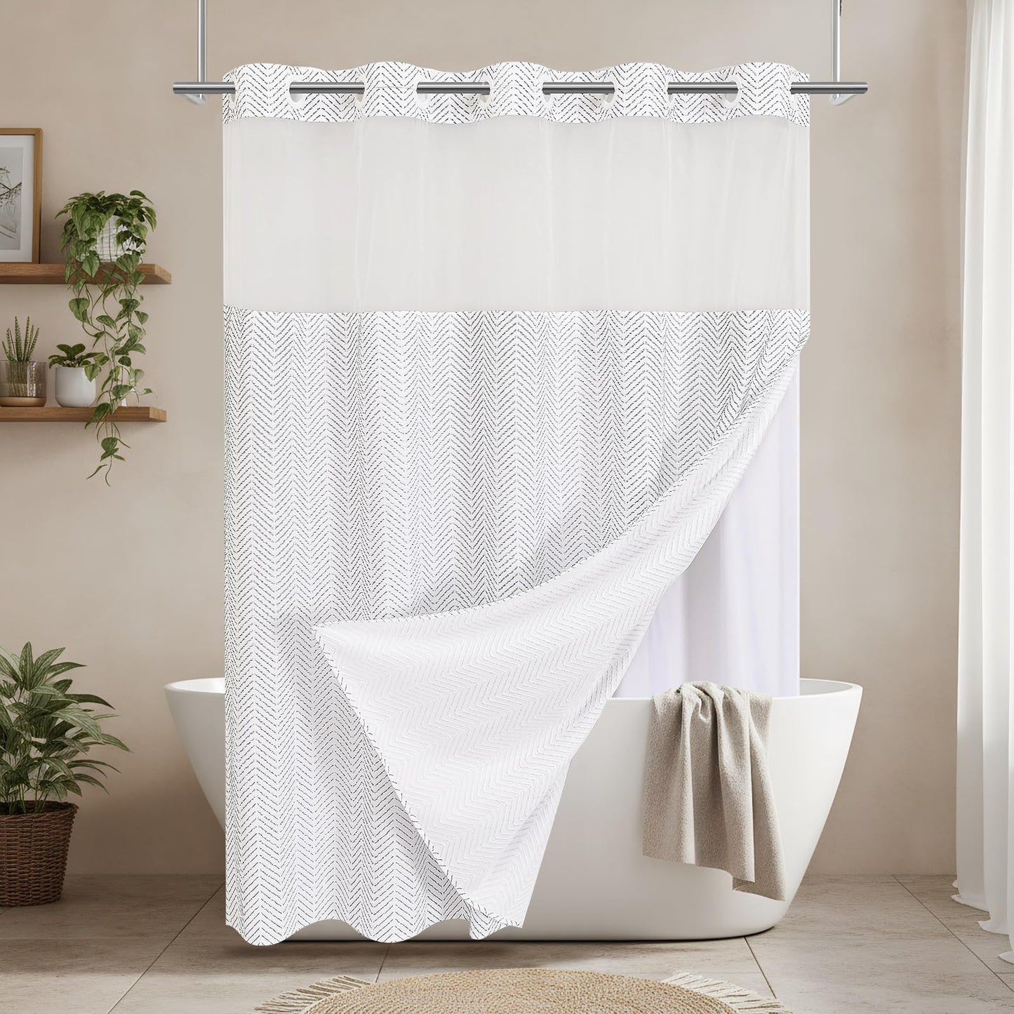 HONCO DIRECT No Hooks Black Boho Farmhouse Cloth Fabric Shower Curtain, 3D Textured Arrow Striped Minimalist Modern Shower Curtain with Snap-in Liner & See Through Window Sets, 72x72 inches
