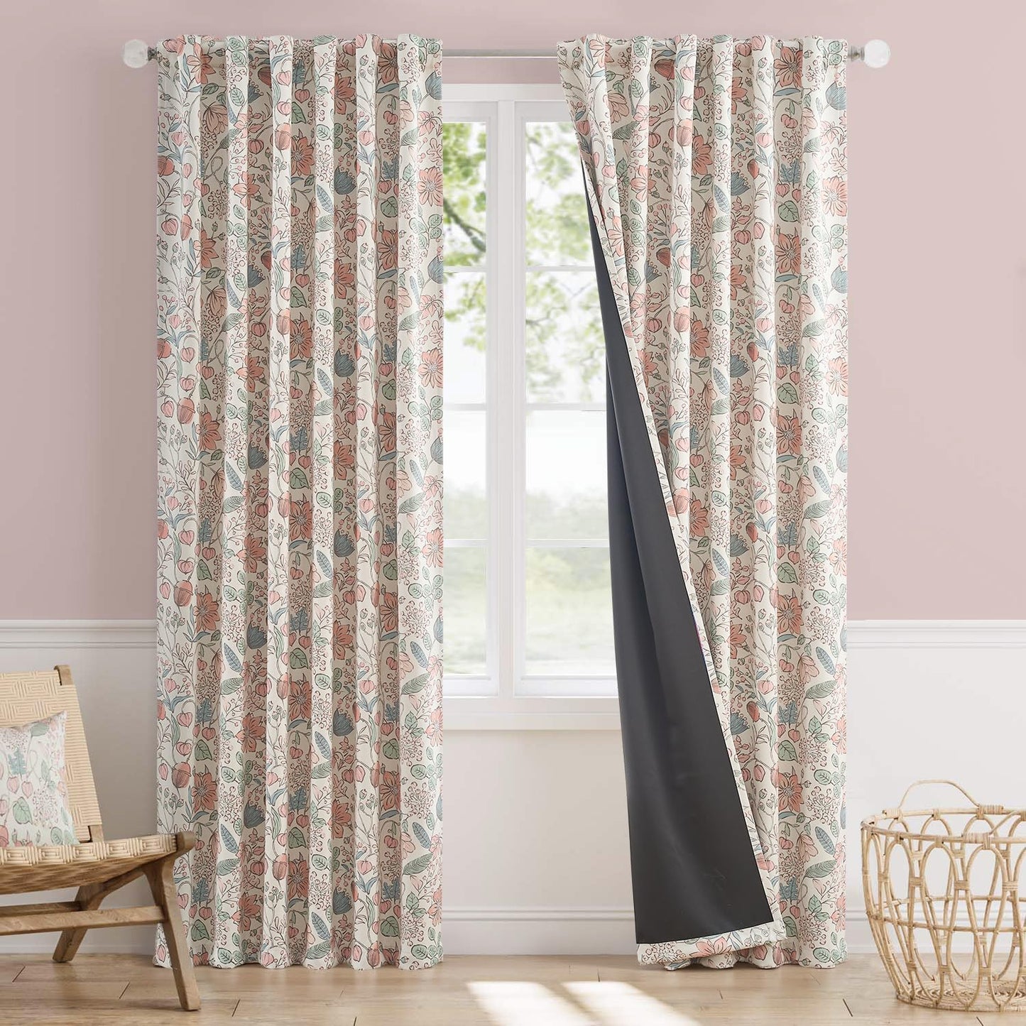 Vangao Pink Nursery Curtains for Girls Room Floral Blackout Curtains 84 Inch Length Farmhouse Drapes for Bedroom Room Darkening Flower Patterned Window Treatment for Kids Set of 2