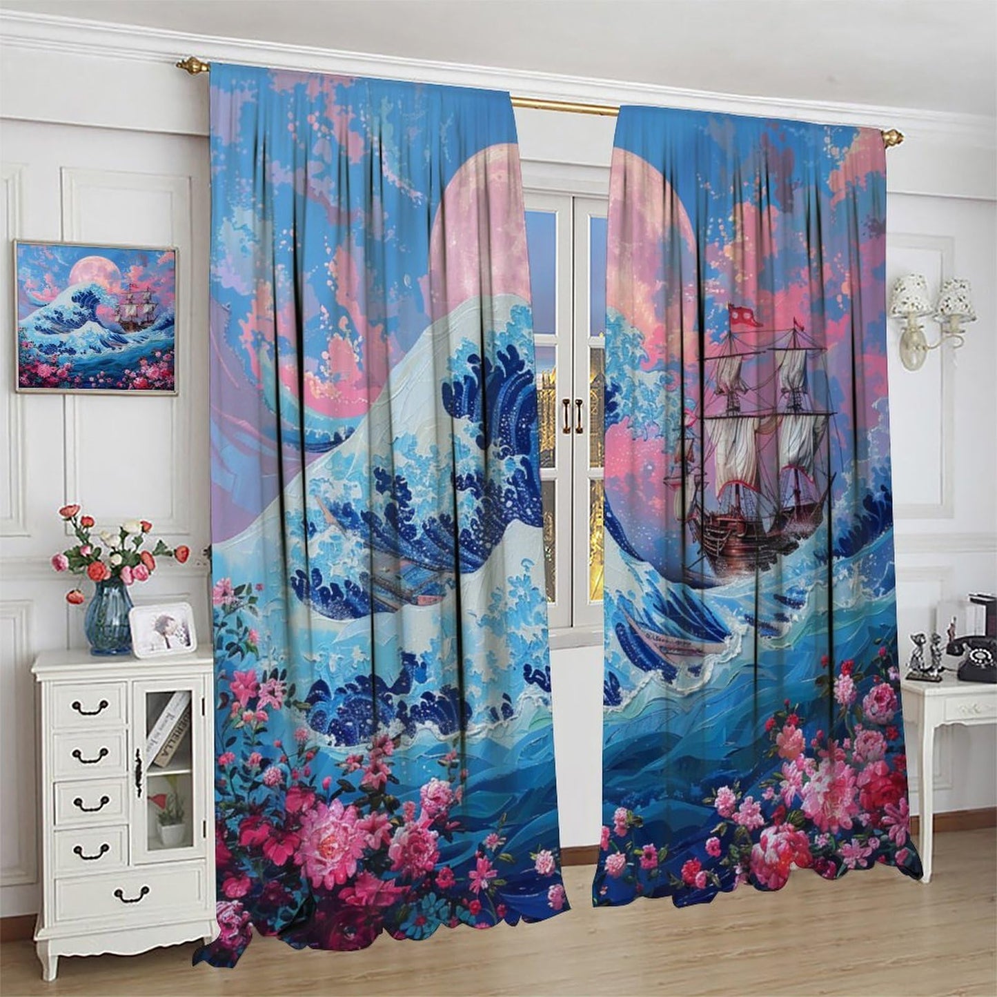 TOWINSFB Asian Sea Wave Blackout Curtains, Nautical Old Ship Floral Moon Home Decor Rod Pocket Window Drapes for Living Room Bedroom- 2 Panels, Each 21" W x 63" L