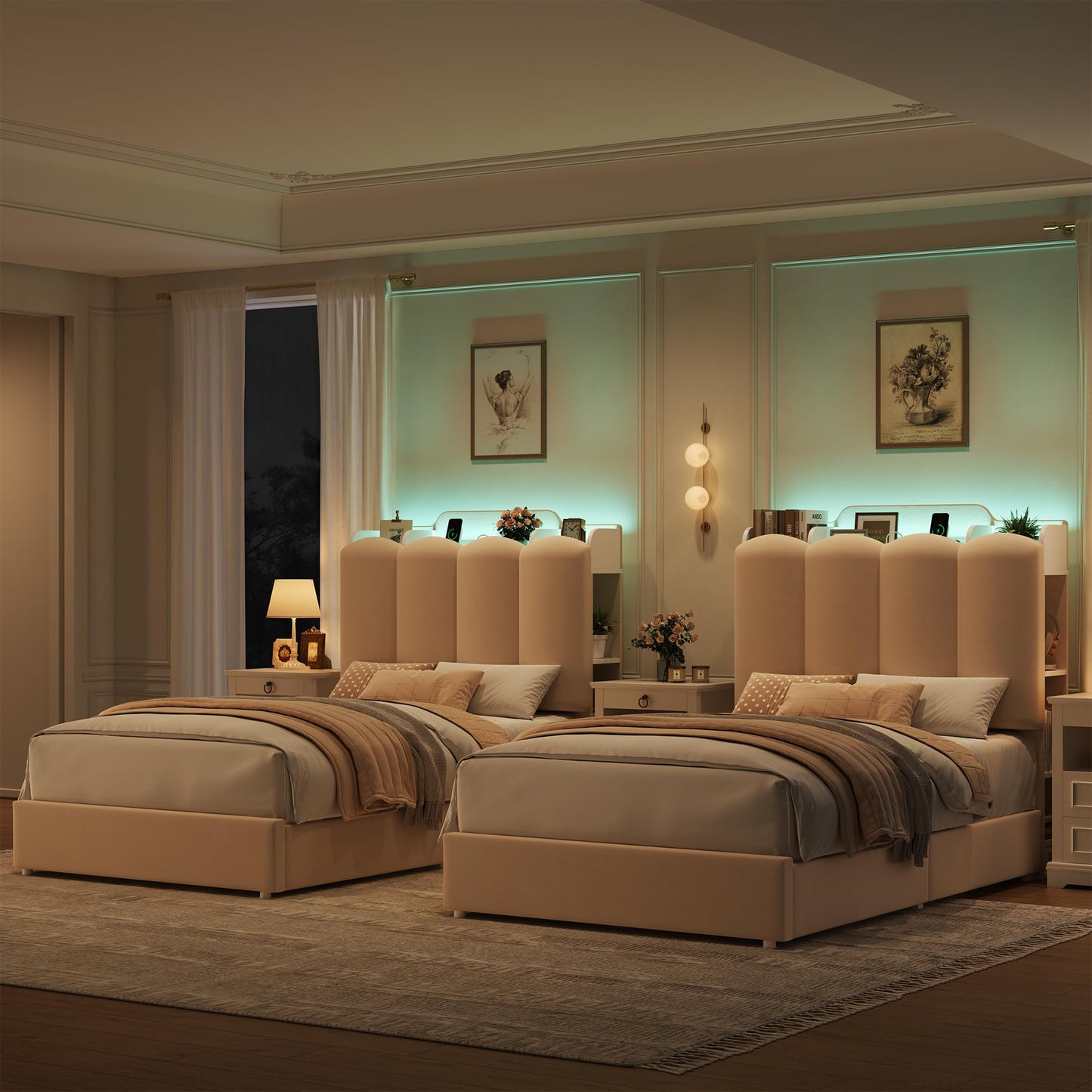 HOSTACK Twin Upholstered Platform Bed Frame with Storage Headboard, Beige