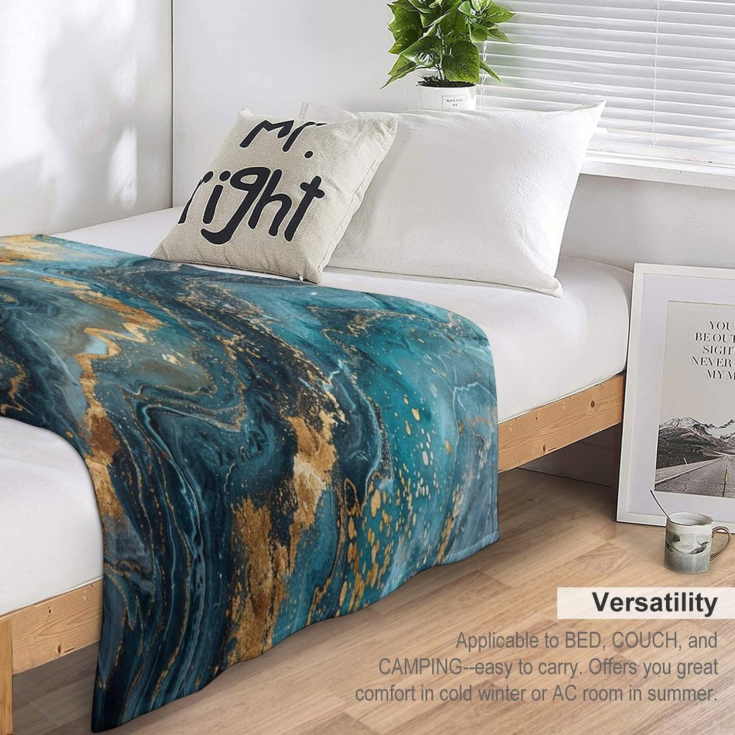 Marble Throw Blanket, Modern Abstract Foil Stone Texture Teal Gold Marble Super Soft Fuzzy Fluffy Blanket for Couch & Bed, Cozy Sofa Warm Blanket for Travel Camping 40"x50"
