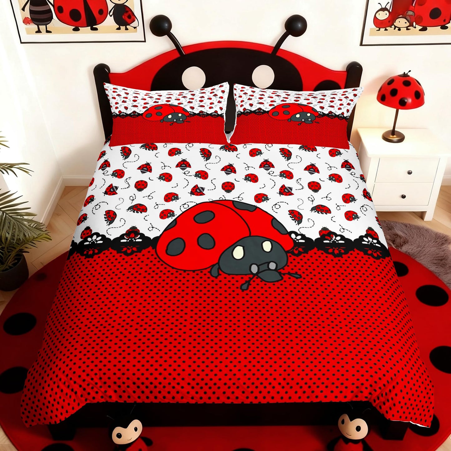 Cute Ladybugs Duvet Cover Set King Size,Red Black Entomology Dots Bedding Set 3pcs for Kids Girls Women Room Decor,Cartoon Animals Comforter Cover Vivid Natural Quilt Cover,2 Pillowcases