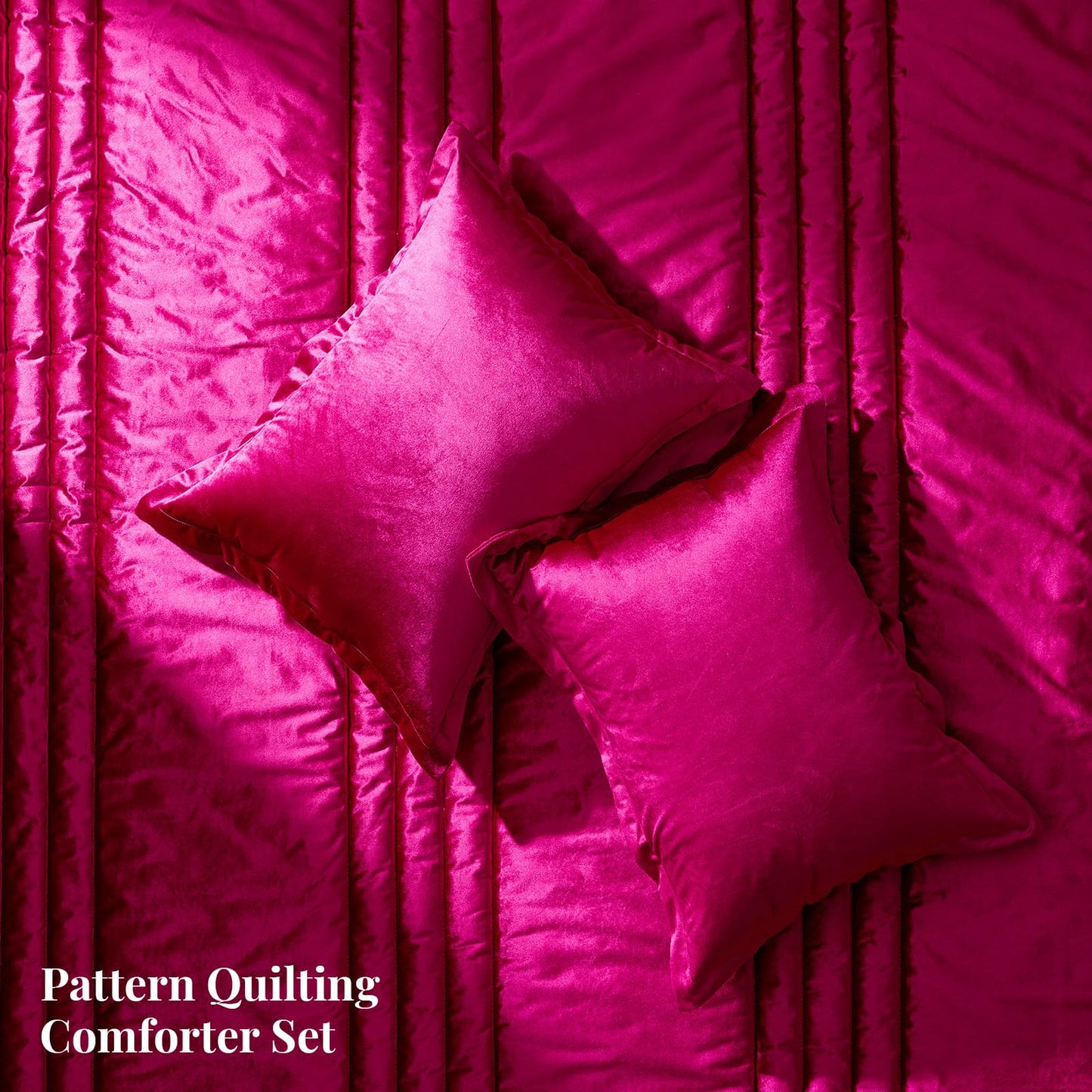 MUSSEL Hot Pink Queen Comforter Set 3 Pieces,Luxury Lightweight Fluffy All Season Cozy Velvet Bedding Comforter Sets,Neutral Striped Bedroom Comforter with 2 Shams
