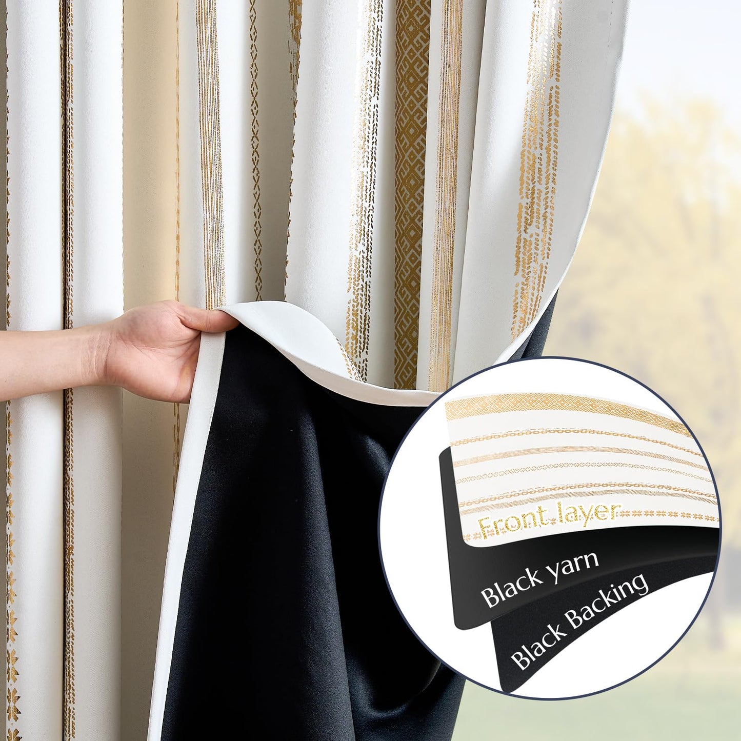 jinchan 100% Blackout Curtains 84 Inches Long for Bedroom, Boho Curtains Golden Geometric Foil Printed on Off White Back Tab Rod Pocket Holiday Room Darkening Drapes Farmhouse 2 Panels