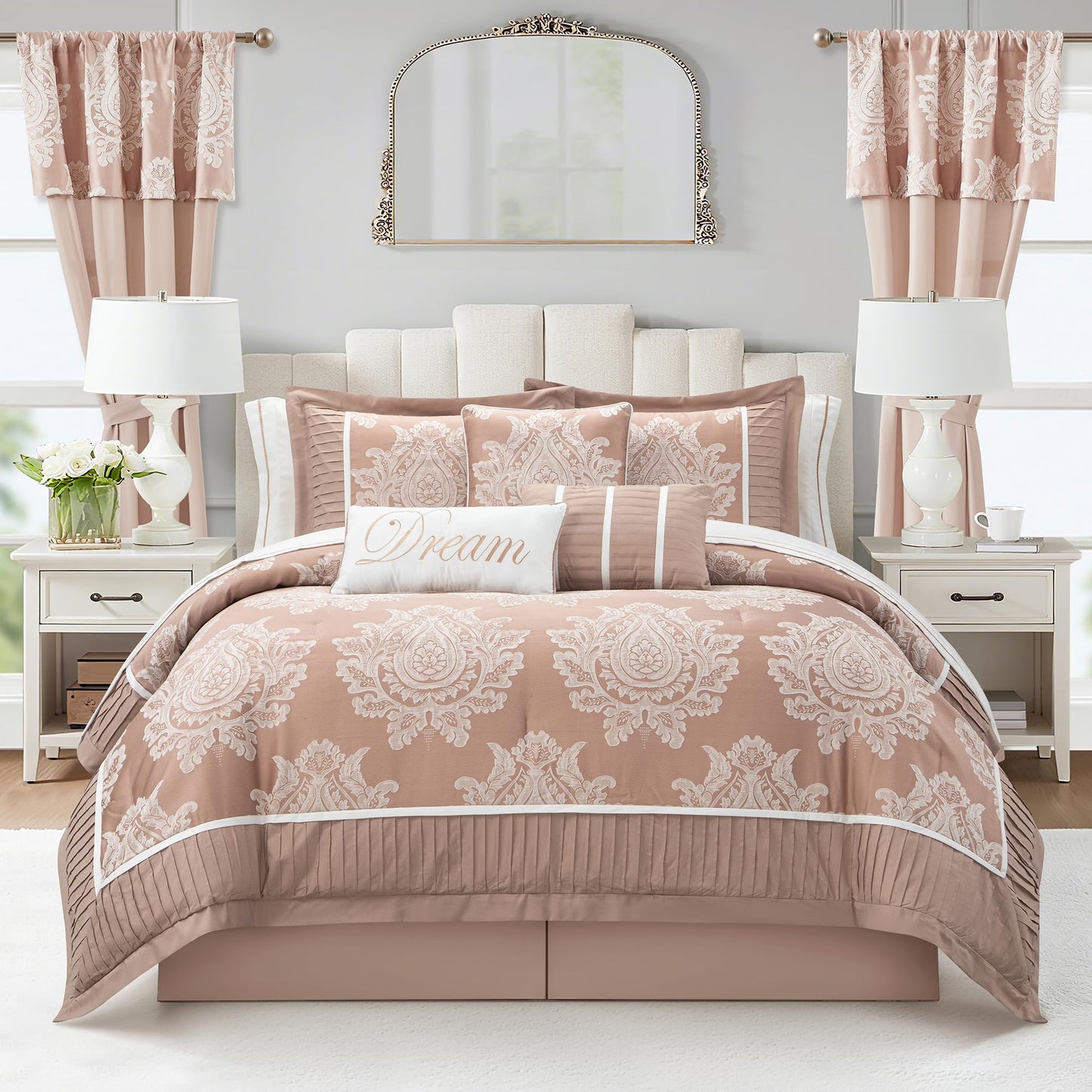 Stratford Park Blush Comforter Set King, 15 Pieces Room in a Bag, Elegant Patchwork Damask Jacquard Bedding Set, Matching Bedskirt, Flat Sheet, Fitted Sheet, Pillow Shams, Curtains