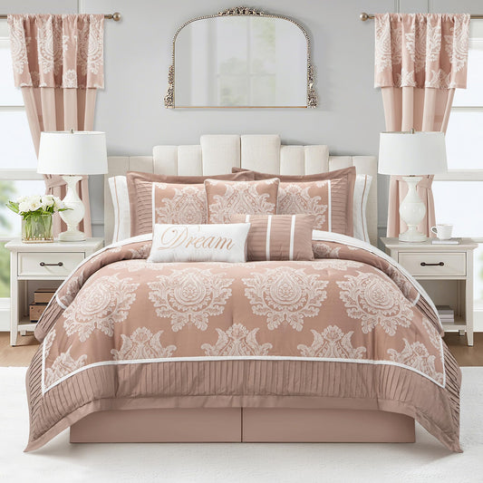 Stratford Park Blush Comforter Set King, 15 Pieces Room in a Bag, Elegant Patchwork Damask Jacquard Bedding Set, Matching Bedskirt, Flat Sheet, Fitted Sheet, Pillow Shams, Curtains