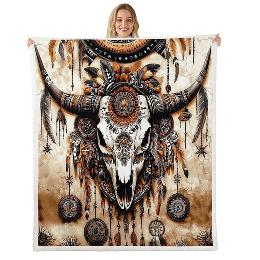 Longhorn Skull Fleece Blanket Gothic Sherpa Blanket 90"x90", Ethnic Tribal Southwestern Western Exotic Native American Fuzzy Plush Throw