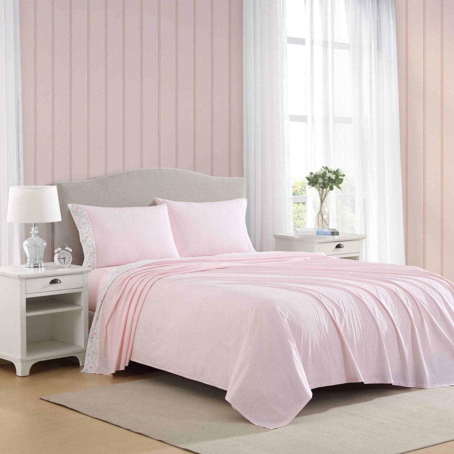 Laura Ashley – Twin Size Sheet Set, Crisp & Lightweight Cotton Percale Bedding with Fitted Sheet and Pillowcase, Floral Room Decor, Deep Pocket, College Dorm Room Essentials (Victorian Scroll Pink)