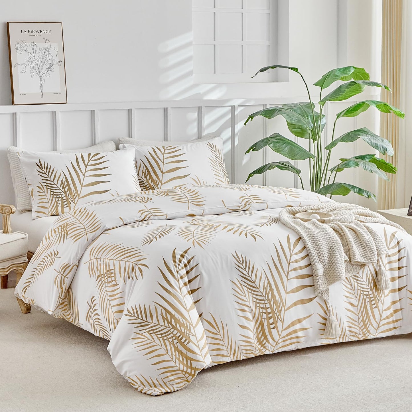 Lekesky King Duvet Cover Set, White and Gold Tropical Palm Leaf Pattern Comforter Cover King Size, 3 Pieces Soft Microfiber Bedding Sets with Zipper & 2 Pillowcases, Comforter Not Included