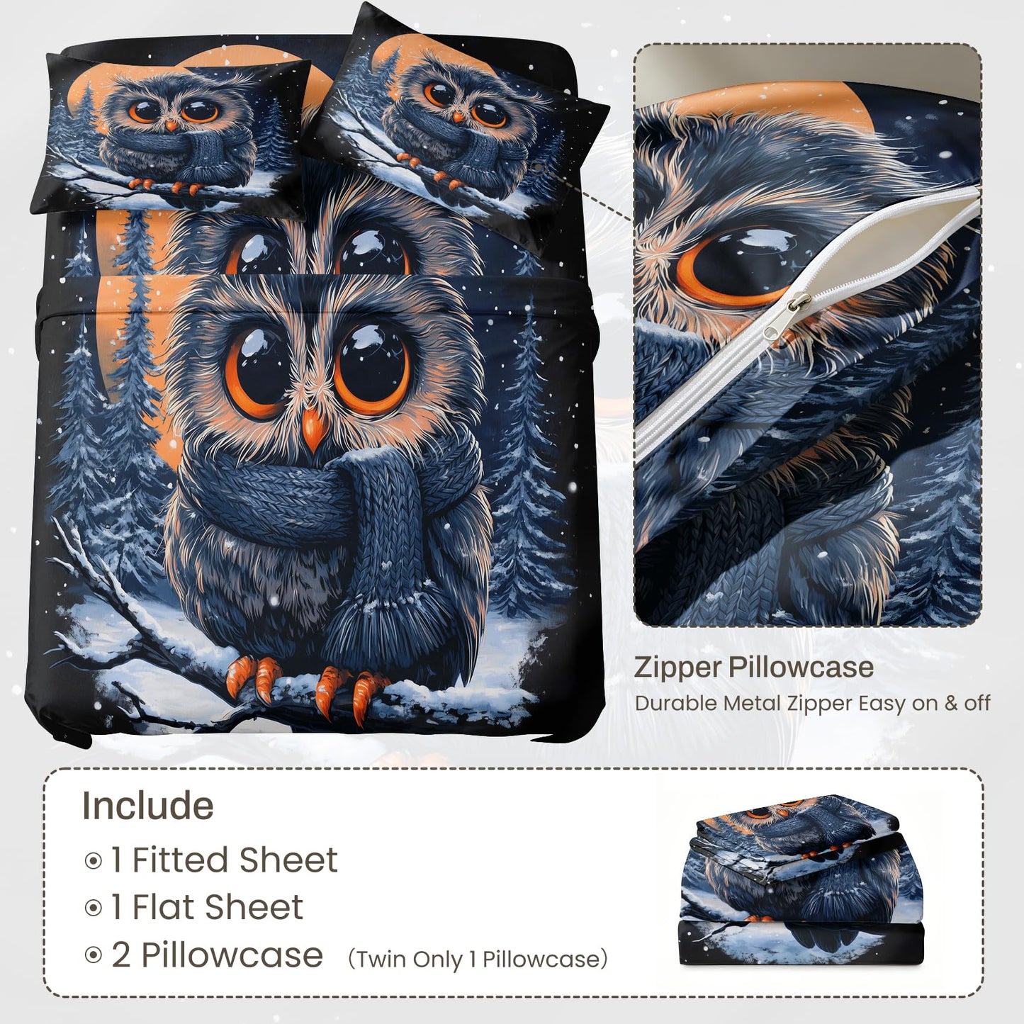 Owl Sheet Set, 4 Pcs Queen Size Kids Forest Animal Bed Sheets