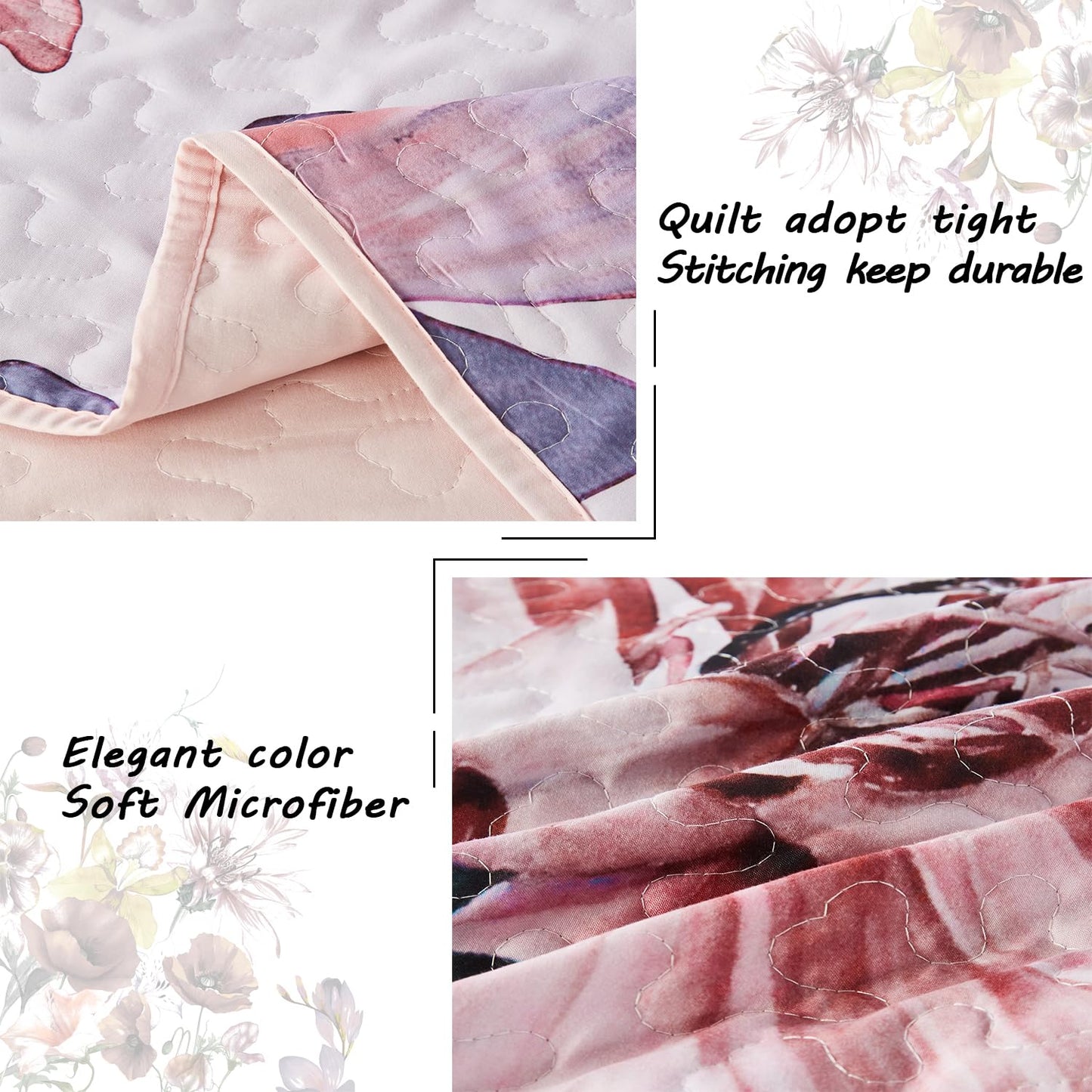 Yogeneg Full Queen Size Quilt Set,Elegant Floral Botanical Pattern Pink Bedding Set,3 Piece Lightweight Soft Summer Bedspread Coverlet with 2 PIillow Sham for All Season(Blush Floral,90"x96")