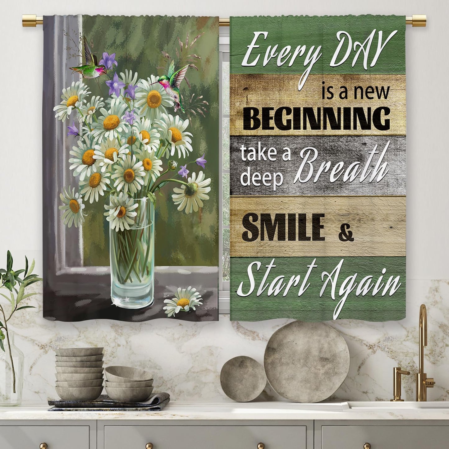 Laifzere Rustic Daisy Vase Floral Kitchen Curtains Green Wooden Farmhouse Flower Small Short Cafe Window Curtains Jesus Country Inspirational Bathroom Window Treatment Tier Curtains (27.5x39 Inch)