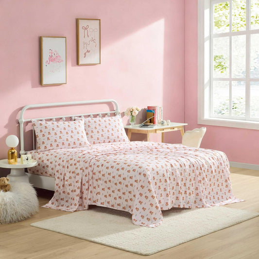 Betsey Johnson - Queen Size Sheet Set, Nerdy Teddies Print Microfiber Bedding with Deep Pocket Fitted Sheet, Bed Sheets with Matching Pillowcases, Nerdy Teddies Pink