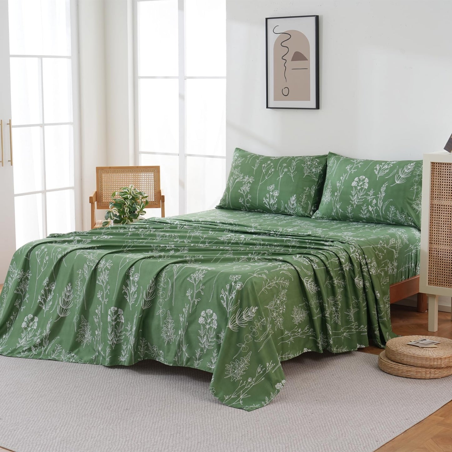 Yibeizi Green Floral Sheet Set King, Botanical Rustic Pattern Bed Sheets Boho Bedding Sheets & Pillowcases Soft Microfiber 15" Extra Deep Pocket Fitted Bedsheet 4 Piece