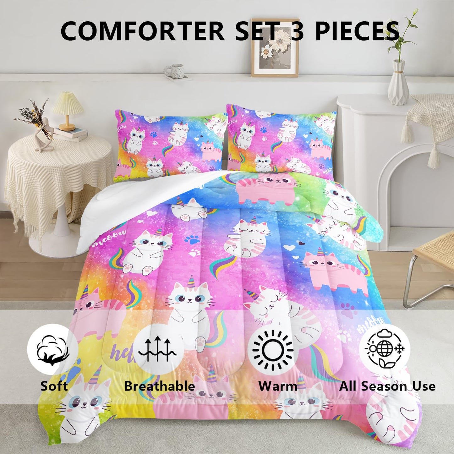 Axolotl Cat Bedding Twin Cartoon Cat Comforter Set, Rainbow Printed Kids Bedding Set for Girls, Adults, Teens, Kids Comforter Set All Season, 1 Quilt 2 Pillow Cases, Colorful Pink Blue