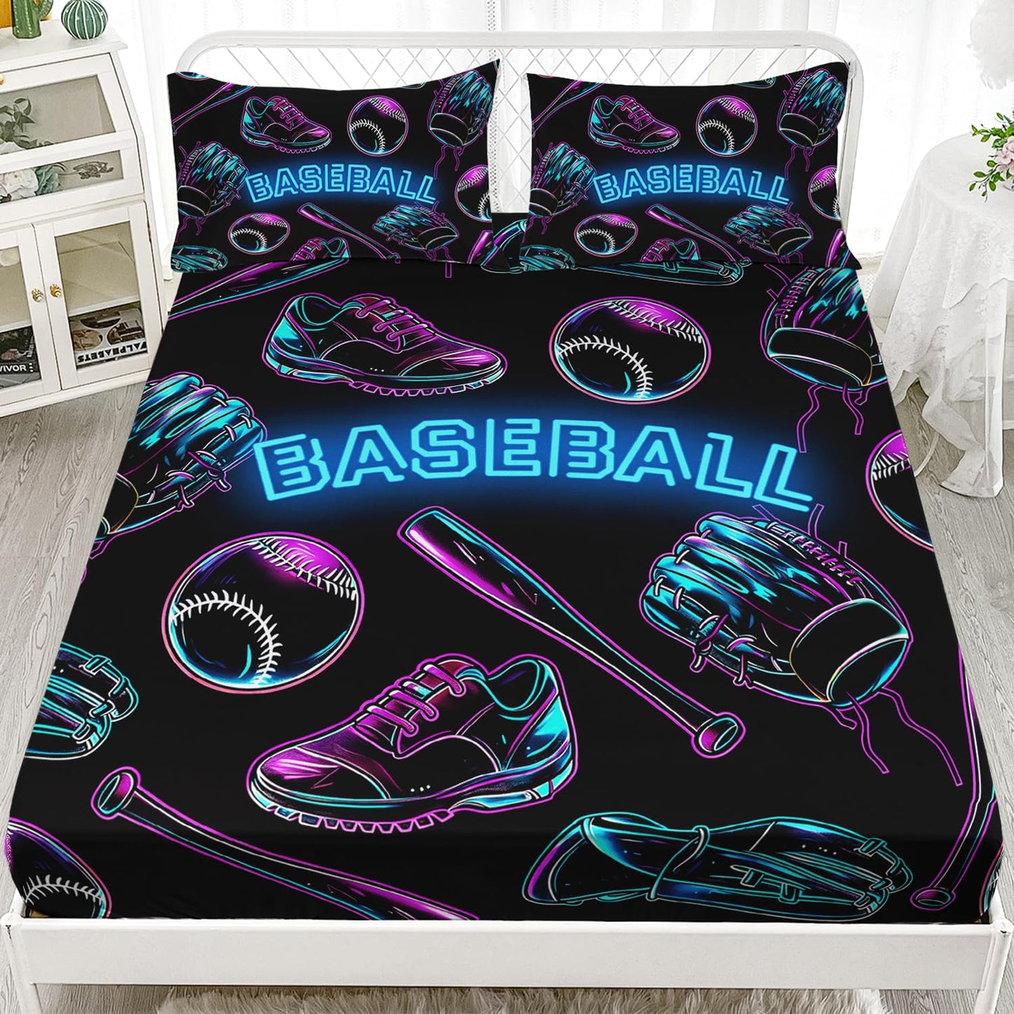 XYNHML Baseball Sport Fitted Sheet 3Pcs Twin Sneaker Baseball Bat Gloves Bedding Set for Kid Teen Girl Boy Adult National Sport Games Shoes Sheet Decor with 1 Fitted Sheet+2 Pillowcases No Flat Sheet
