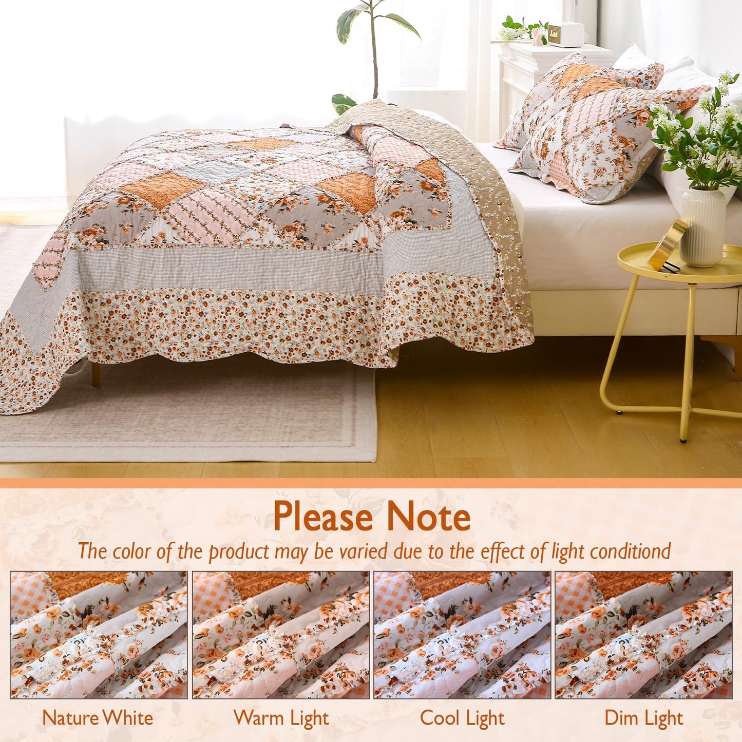 Yumhjika Patchwork Quilt Set Queen Size, 3 Pieces Floral Plaid Bedspreads Coverlet, Soft Microfiber Lightweight Bedding Set for All Season,Orange