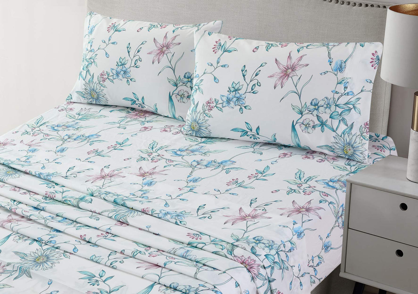 JSD White Blue Floral Printed Sheet Set Queen Size, 4 Piece Botanical Microfiber Sheets Extra Deep Pocket