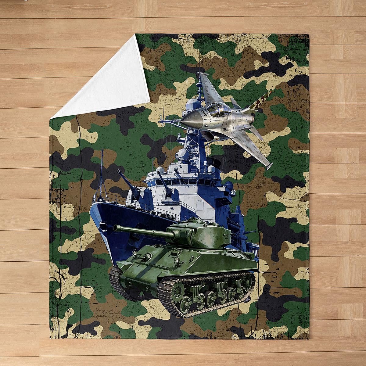 Feelyou Army Camouflage Fleece Throw Blanket,All Season Military Aircraft Print Bed Blanket Ship Tank Camouflage Flannel Fuzzy Blanket for Bed Sofa Couch,Bedroom Decor Plush Blanket 40"x50"