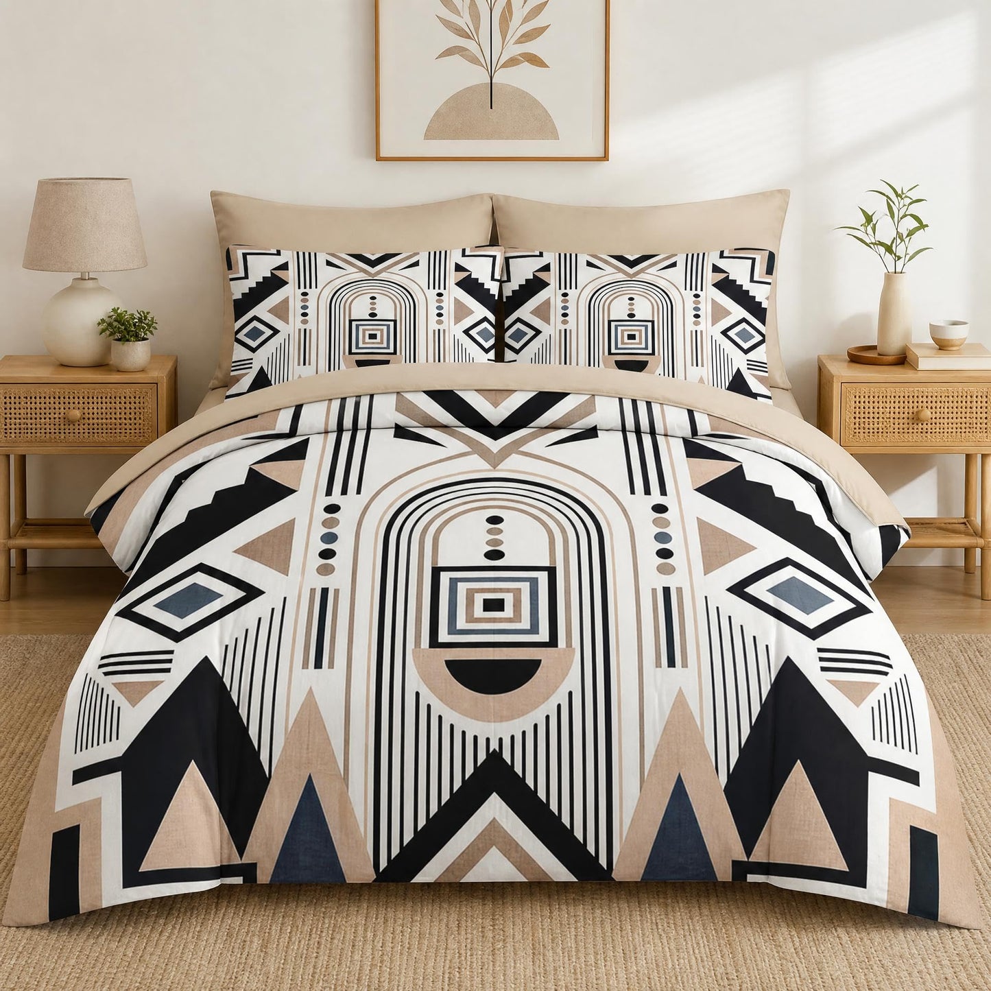 Boewywh Comforter Set Twin Size Geometric Aztec Southwestern 7 Pcs, Bedding for Kids and Adults, Boho Modern Bed Sheet Sets with Fitted Sheet 2 Pillowcases & 2 Shams for Bedroom Bed Decor