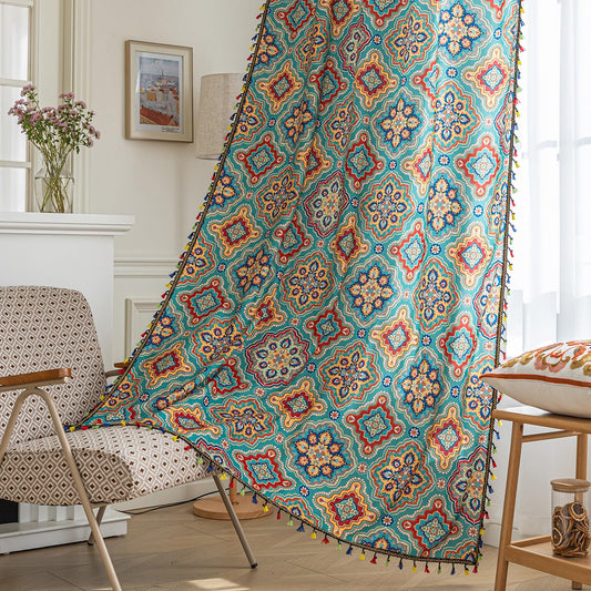 Erbnaryx Turquoise Blue Boho Curtains 72 Inches Long, Colorful Medallion Farmhouse Light Filtering Rod Pocket Drapes with Tassel Trim for Bedroom Living Room, 2 Panels