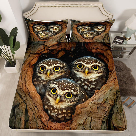 jejeloiu Owl Bed Sheets Set for Kids Boys Girls Twin Size Amazing Owl Fitted Sheet 3D Animal Printed Bedding Set Bird Decor Bed Cover Room Decor