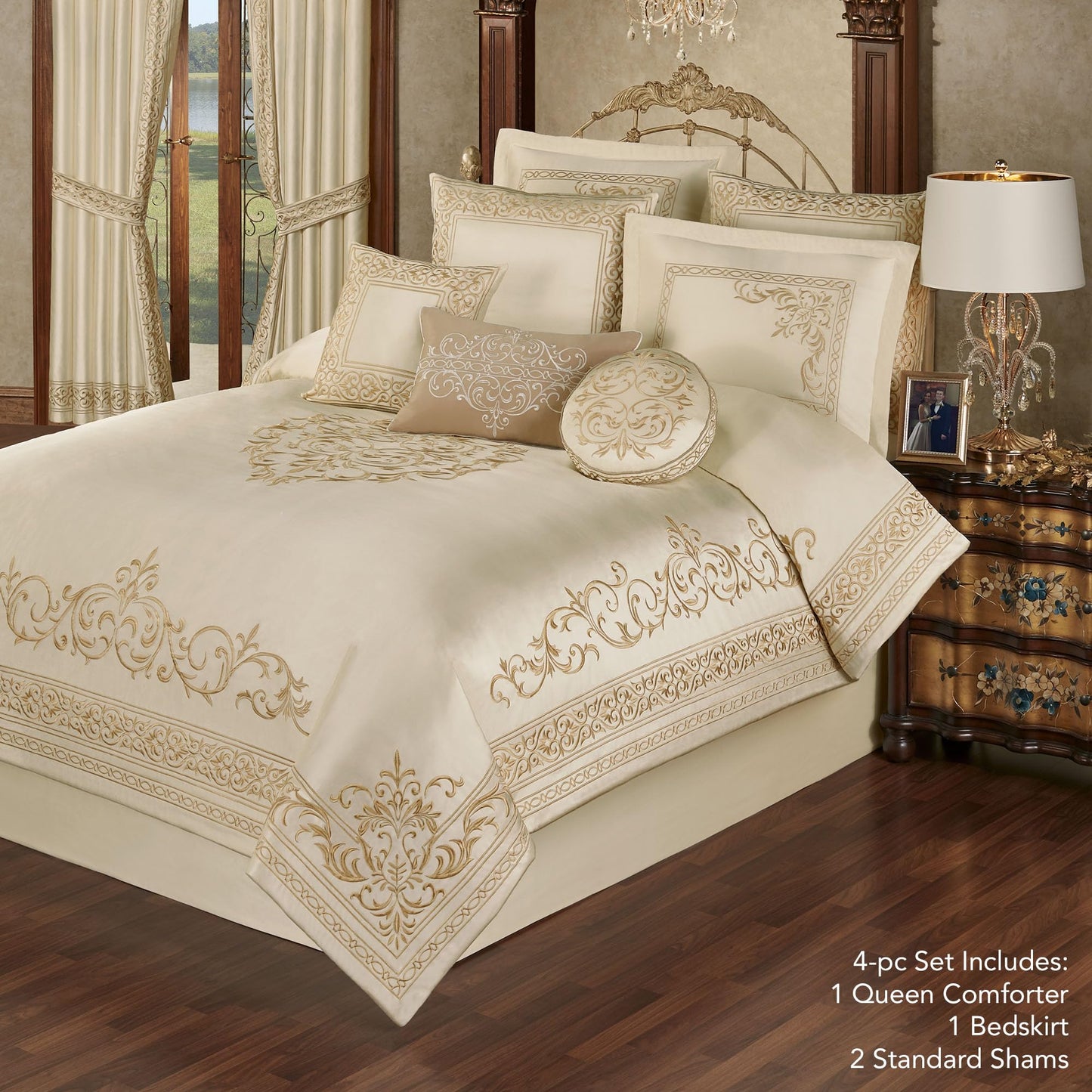 Touch of Class Versailles Luxury Bedding | Classic Neutral Pearl | Palace-Inspired French Style Golden Scrollwork Embroidery on Sateen 4 Piece Set: Queen Comforter, Bedskirt & 2 Standard Shams