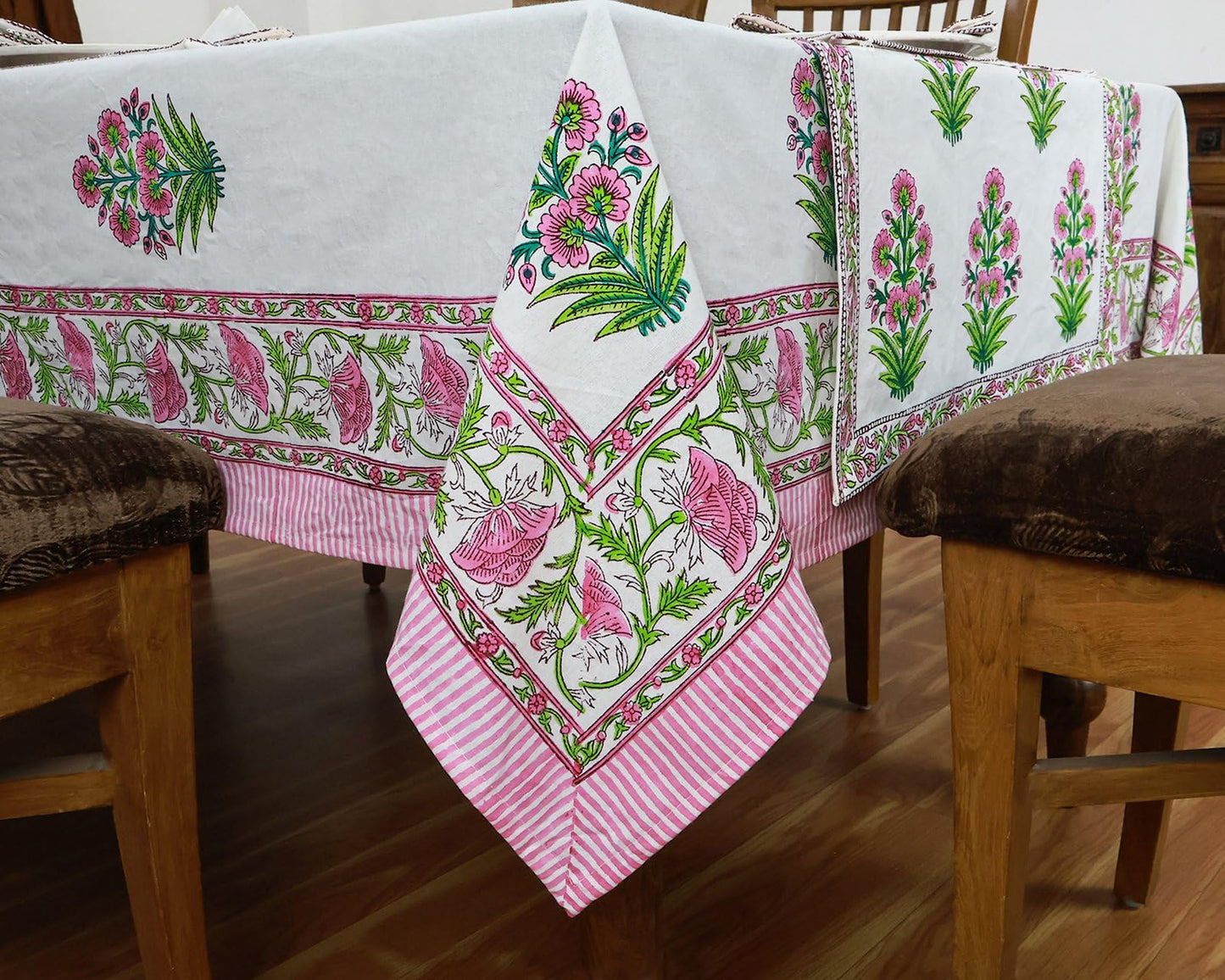 60x60 Inches Square Hand Block Printed Cotton Tablecloth, White Pink Floral Table Cloths Washable, Indian Table Linen for Christmas Thanksgiving Gifts Home Decor Dining Outdoor