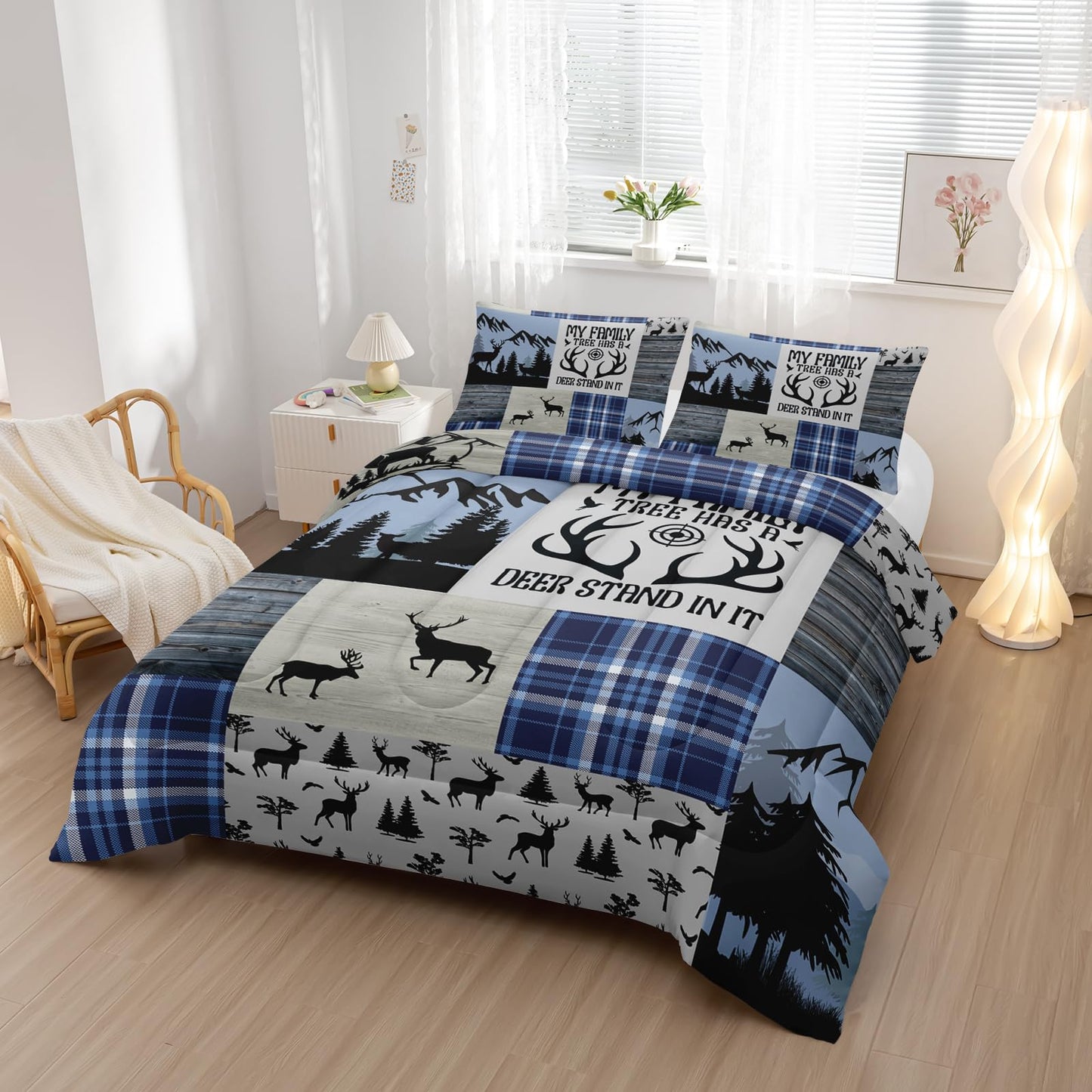 Nttopship Deer Moose Print Comforter Set Twin,Deer Hunting Theme Bedding Set for Boys Teens Girls,Hunting Theme Bedding Set Wildlife Hunting Theme Room Decor Comforter Set and 2 Pillowcases