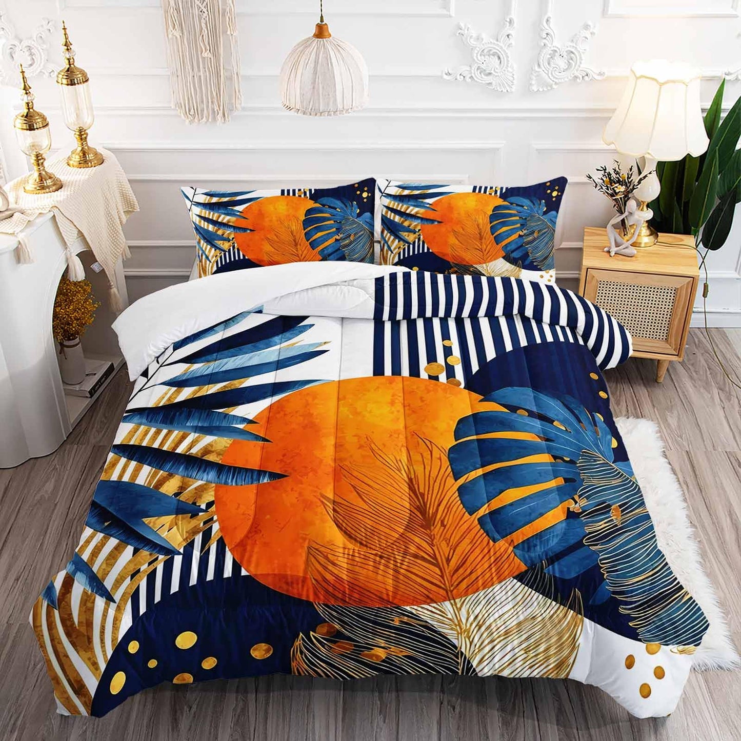 AILONEN Twin Comforter Set 3 Piece, Orange Sun Palm Bedding with 2 Pillowcases, Navy Geometric Cover for Kids Dorm Room