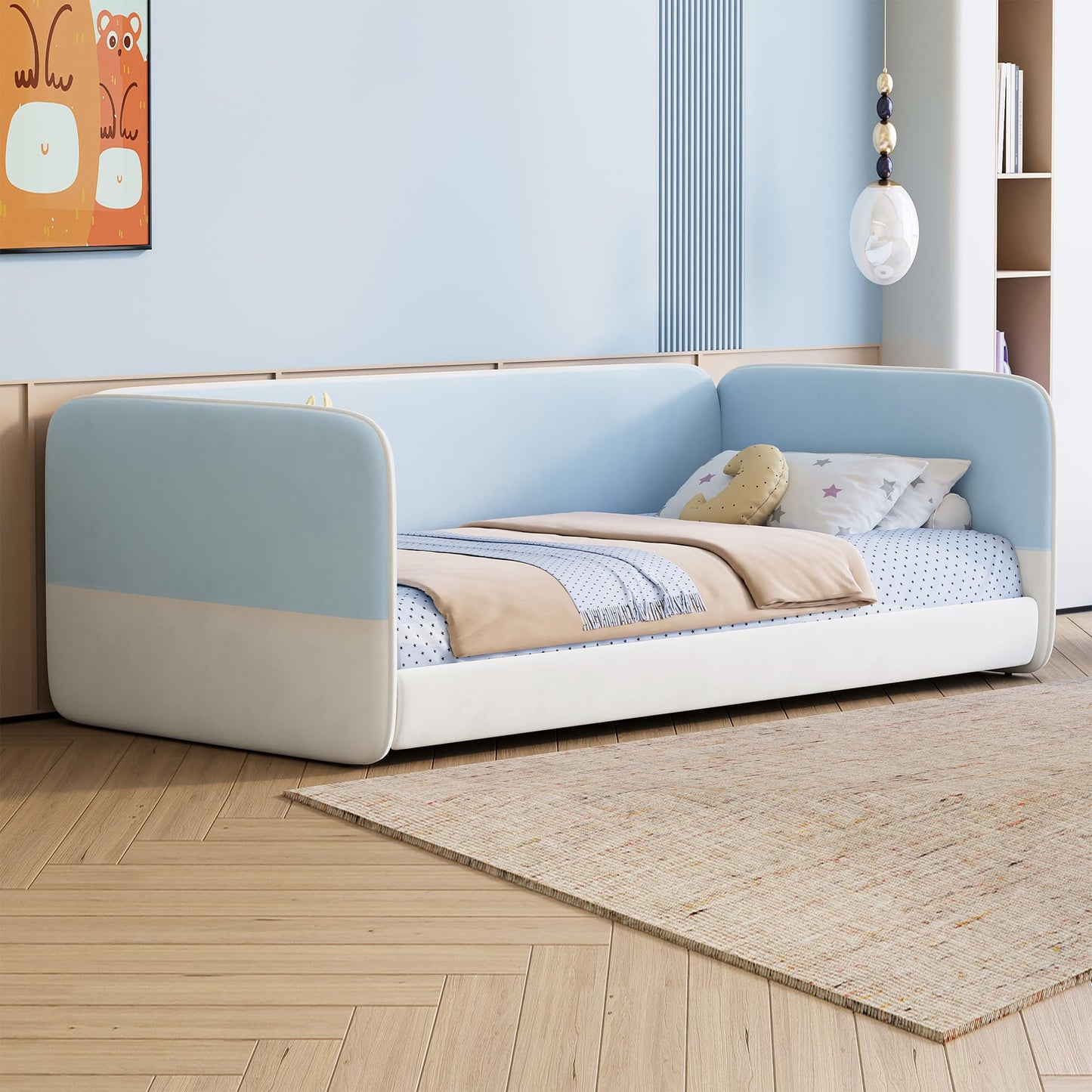 Twin Size Montessori Floor Bed with Upholstered Headboard and Armrests, Velvet Twin Floor Bed Frame with Protective Side Panels, Low Profile Platform Daybed for Kids, No Box Spring Needed, Blue