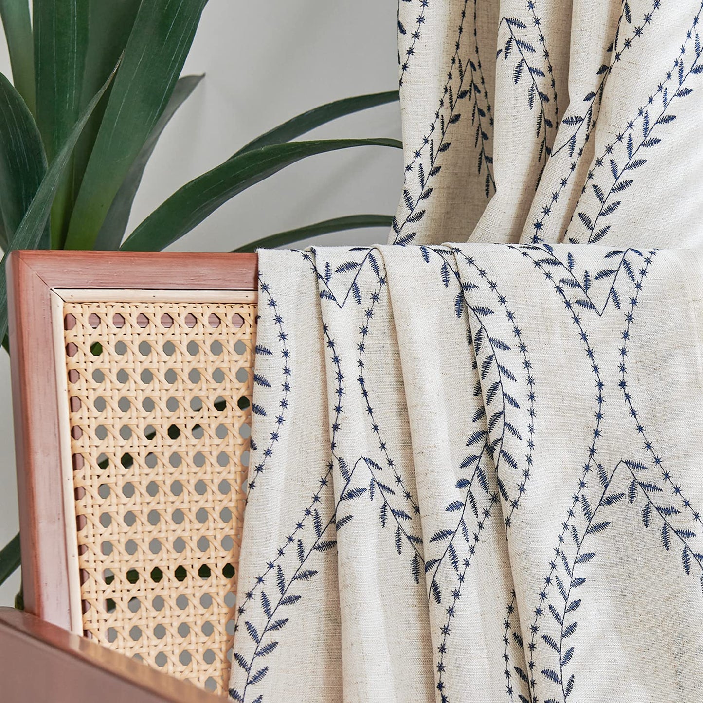 jinchan Boho Linen Blend Beige Farmhouse Curtains 84 Inch Length 2 Panels Set Blue Embroidered Leaf Living Room Ogee Geometry Drapes Light Filtering Curtains Grommet Blue on Flax