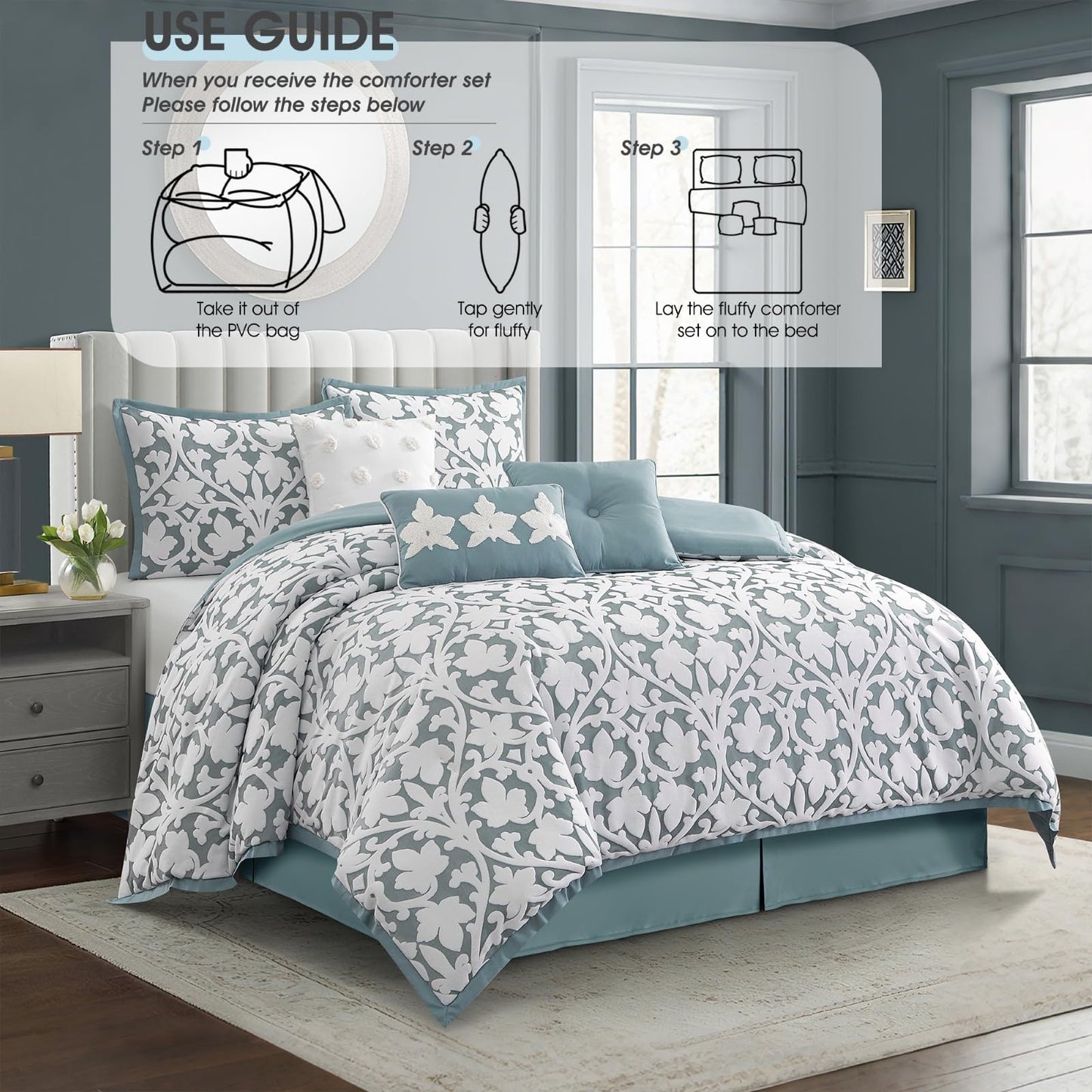 LANCO MODERN LIFESTYLE 7 Pieces Comforter Set, King, Blue, Jacquard Floral Pattern and Classy Damask Medallion Design, Ultra Soft, Includes Bed Skirt, Shams, and Decorative Pillows