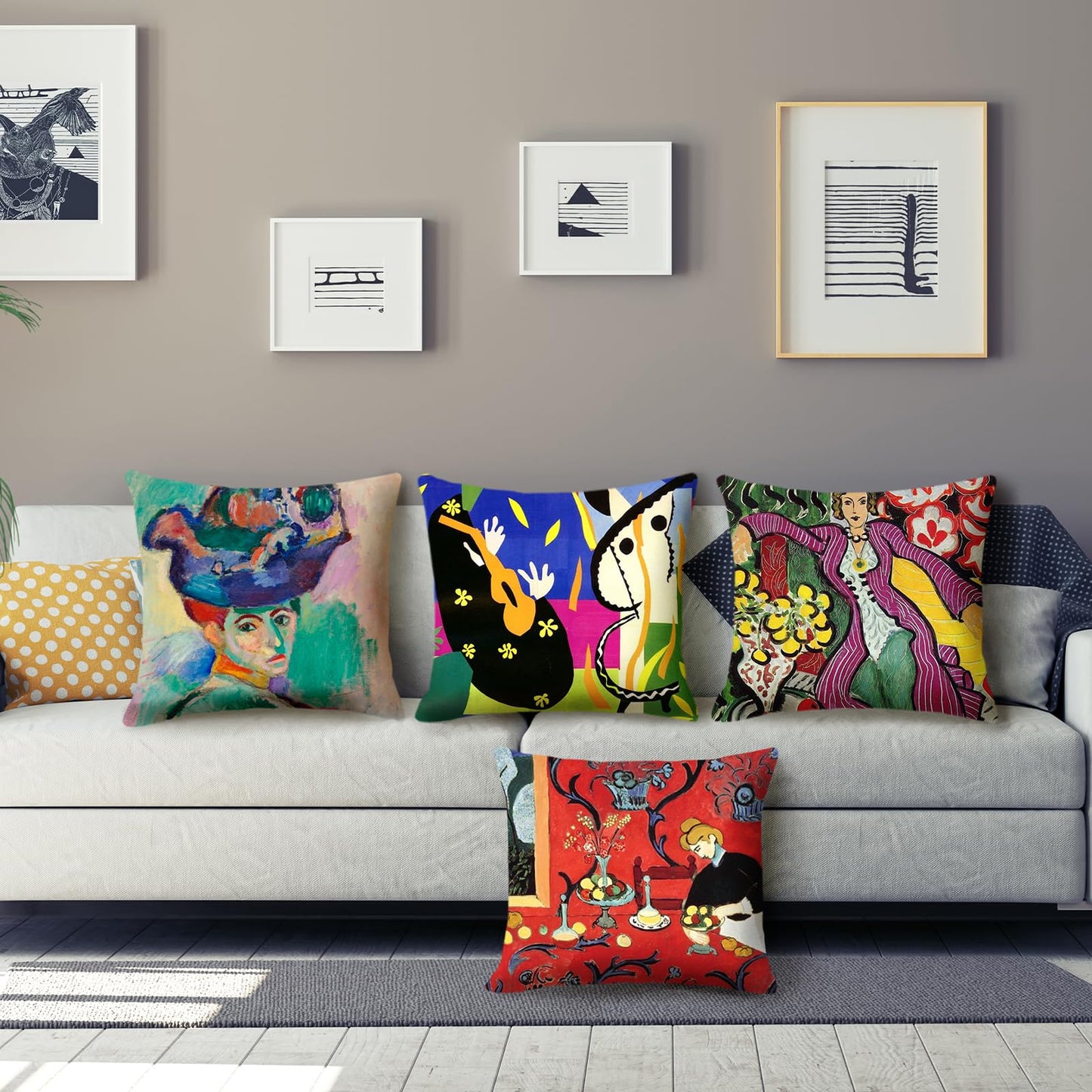 HOSTECCO Matisse Pattern Throw Pillow Covers 18x18 inches Set of 4 Abstract Art Painting Pillow Cases Aesthetic Decorative Cushion Covers for Sofa Couch Living Room