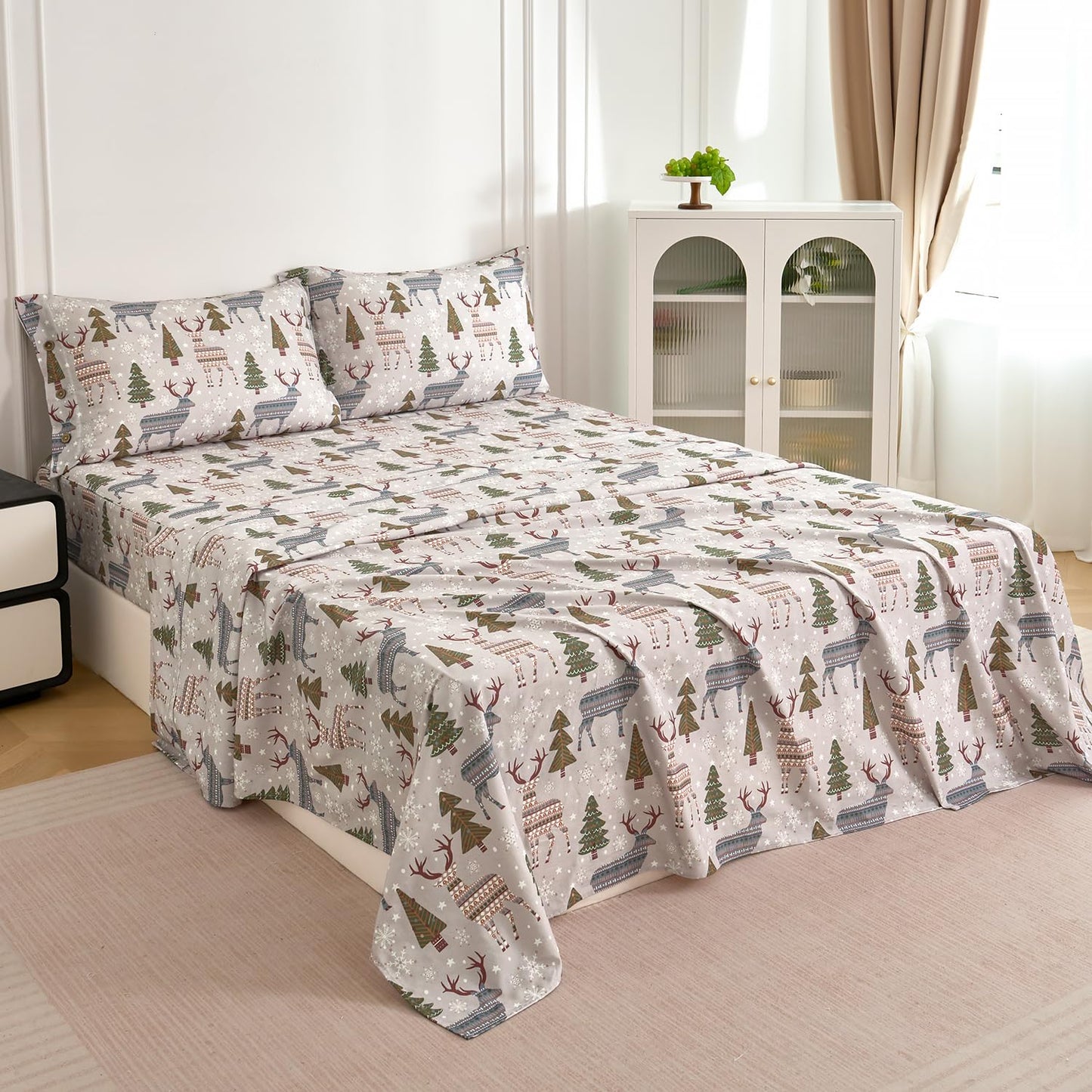 Zusbest Grey Sheets Queen 100% Brushed Cotton Flannel-Like Green Tree Deer Printed Bed Sheets Set with Deep Pocket 17.5‘’ Heavyweight 4PC, Button Pillowcases Extra Soft Breathable